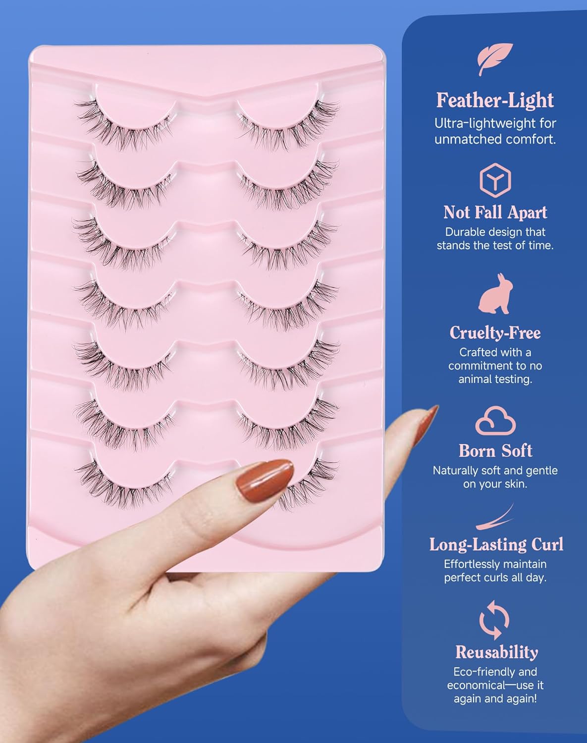 Short Lashes Natural Look Wispy False Eyelashes Flared Strip Eyelash Small Lash Fluffy Clear Band 7 Pairs SF-08