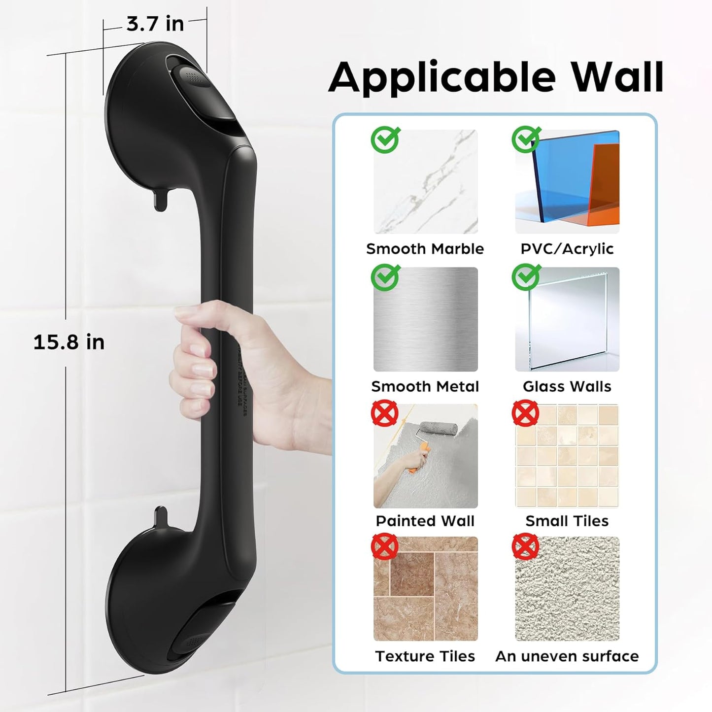 2 Pack 16 Inch Grab Bars for Bathtubs and Showers for Seniors, Heavy Duty Shower Handle for Elderly, Suction Cup Removable Handrails Handicap Bath Grip Bathroom Safety Grips (Black)