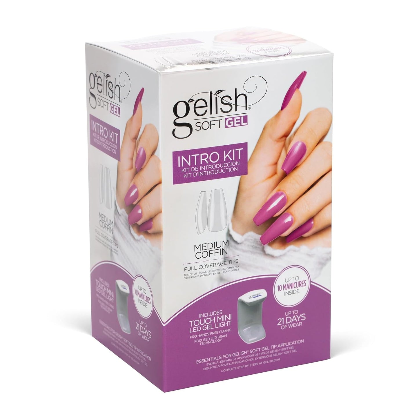 Gelish Soft Gel™ Intro Starter Kit – Full Coverage Press On Tips, LED Nail Lamp, Long-Lasting, Fast Application, No Chip, At-Home Gel Nails, Easy to Use (Medium Coffin Kit)