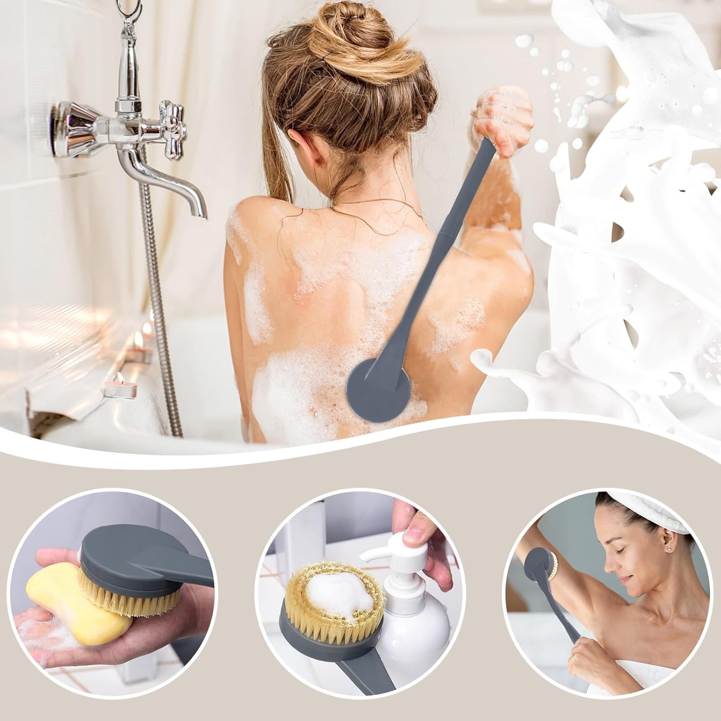 Back Scrubber for Shower,20.5" Bath Brush Long Handle for Deep Cleaning,Back Brush for Shower Men Women(Grey)