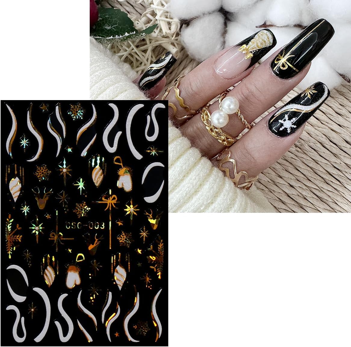 JMEOWIO 8 Sheets Christmas White Glitter Gold Nail Art Stickers Decals Self-Adhesive Snowflake Winter Holiday Nail Supplies Nail Art Design Decoration Accessories