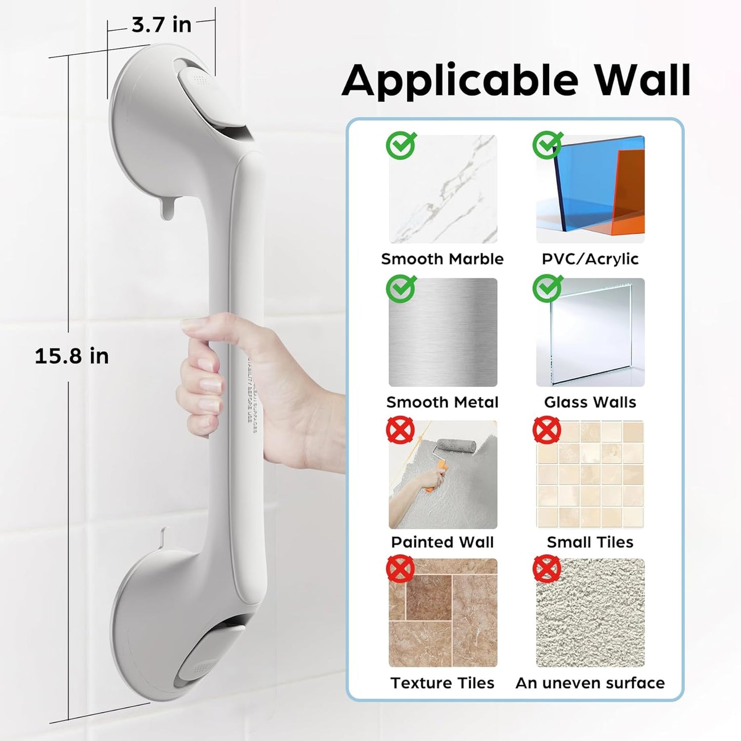 2 Pack 16 Inch Grab Bars for Bathtubs and Showers for Seniors, Heavy Duty Shower Handle for Elderly, Suction Cup Removable Handrails Handicap Bath Grip Bathroom Safety Grips (White)