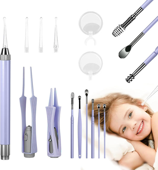 15 Pack Ear Wax Removal Tool Kit with Light - LED Ear Cleaning Kit, Ear Wax Removal for Kids and Adults, Ear Cleaning Tool, Ear Picker Spoon & Ear Tweezers & Spiral Spring Ear Spoon Purple
