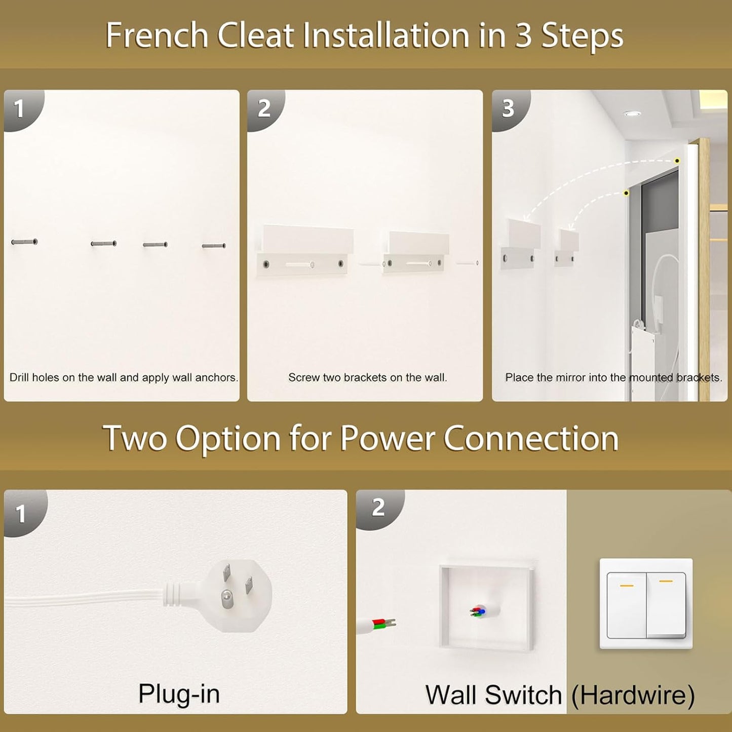 OKPAL 72x40 LED Bathroom Mirror Gold Metal Framed Front & Back Light, Lighted Bathroom Mirror with Lights, Anti-Fog, Dimmable, 3 Colors, Shatterproof, ETL Listed, Horizontal/Vertical