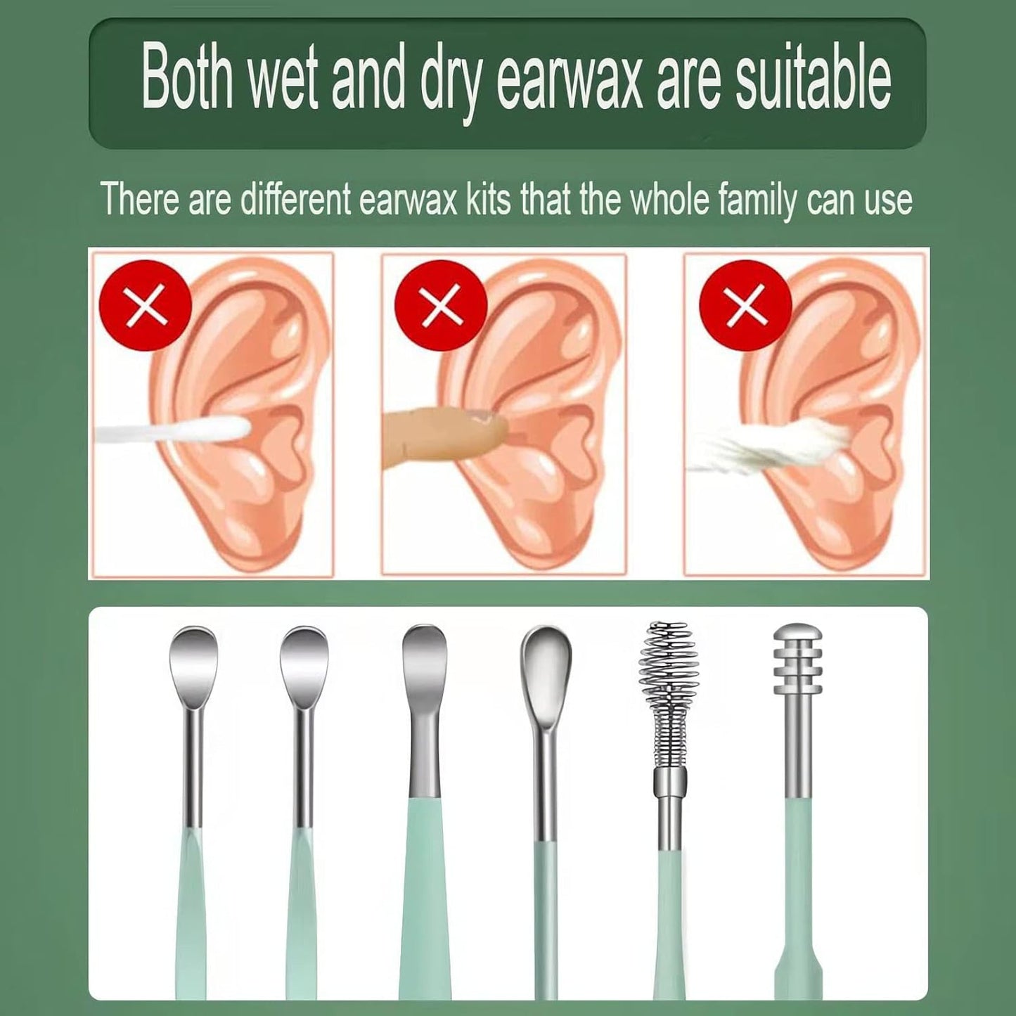 12 Pcs Ear Pick Earwax Removal Kit, Ear Cleaning Tool, Stainless Steel Earwax Removal Tool with Leather Storage Box (Black&Green)