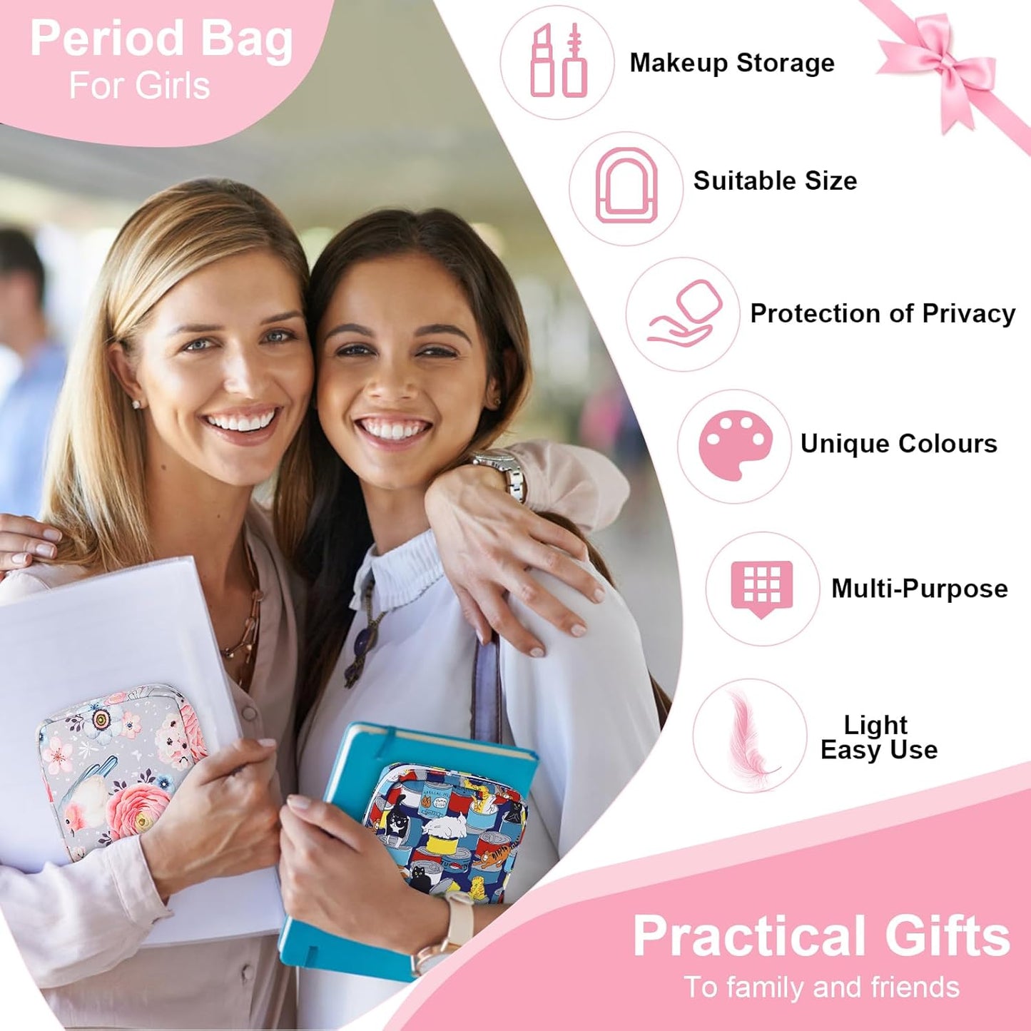 Desing Wish Sanitary Pad Storage Bag Portable Period Bag for Teen Pads/Sanitary Napkins/Small Tampons, Sanitary Napkin Storage Bag First Period Gifts for Teen Girls (Pink-White Checker)