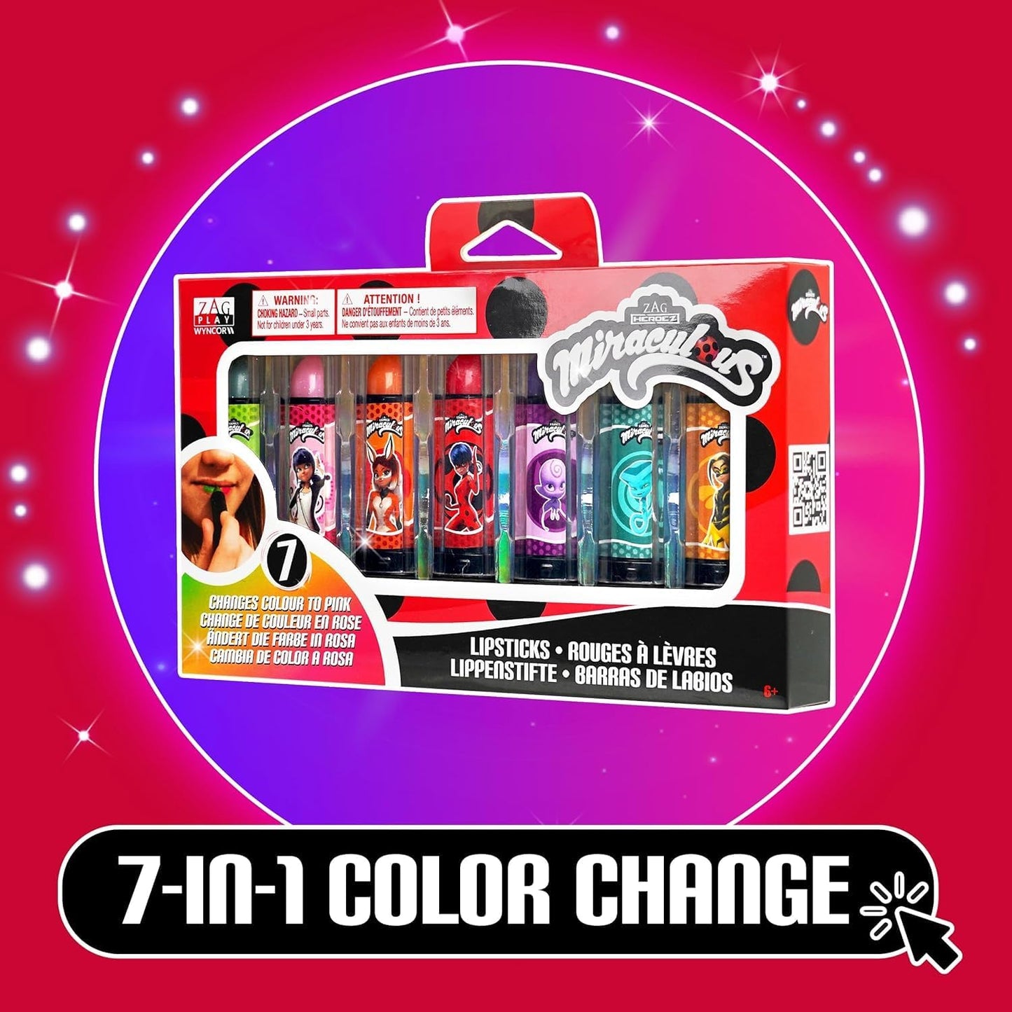 Miraculous Ladybug Cosmetic Lipstick Set - 7 Fruit Scented Color-Changing Lipsticks for Kids - Transforming Lipsticks Turn Pink - Magic Lipsticks Gift Set - Safe & Fun Makeup Kit