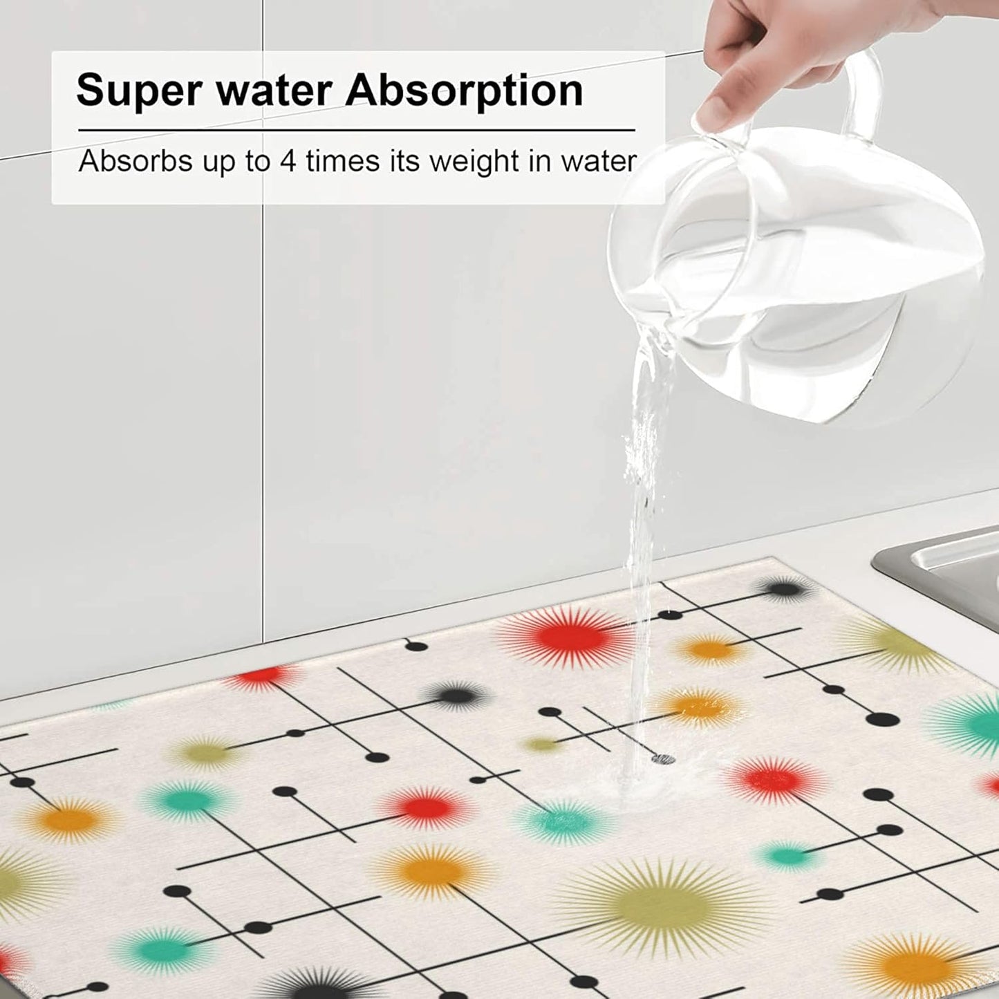 Mid Century Modern Dish Drying Mat for Kitchen Counter Abstract Modern Absorbent Reversible Atomic Retro Drying Pad Yellow Decor Dish Drainer Rack Mats 18"x24"