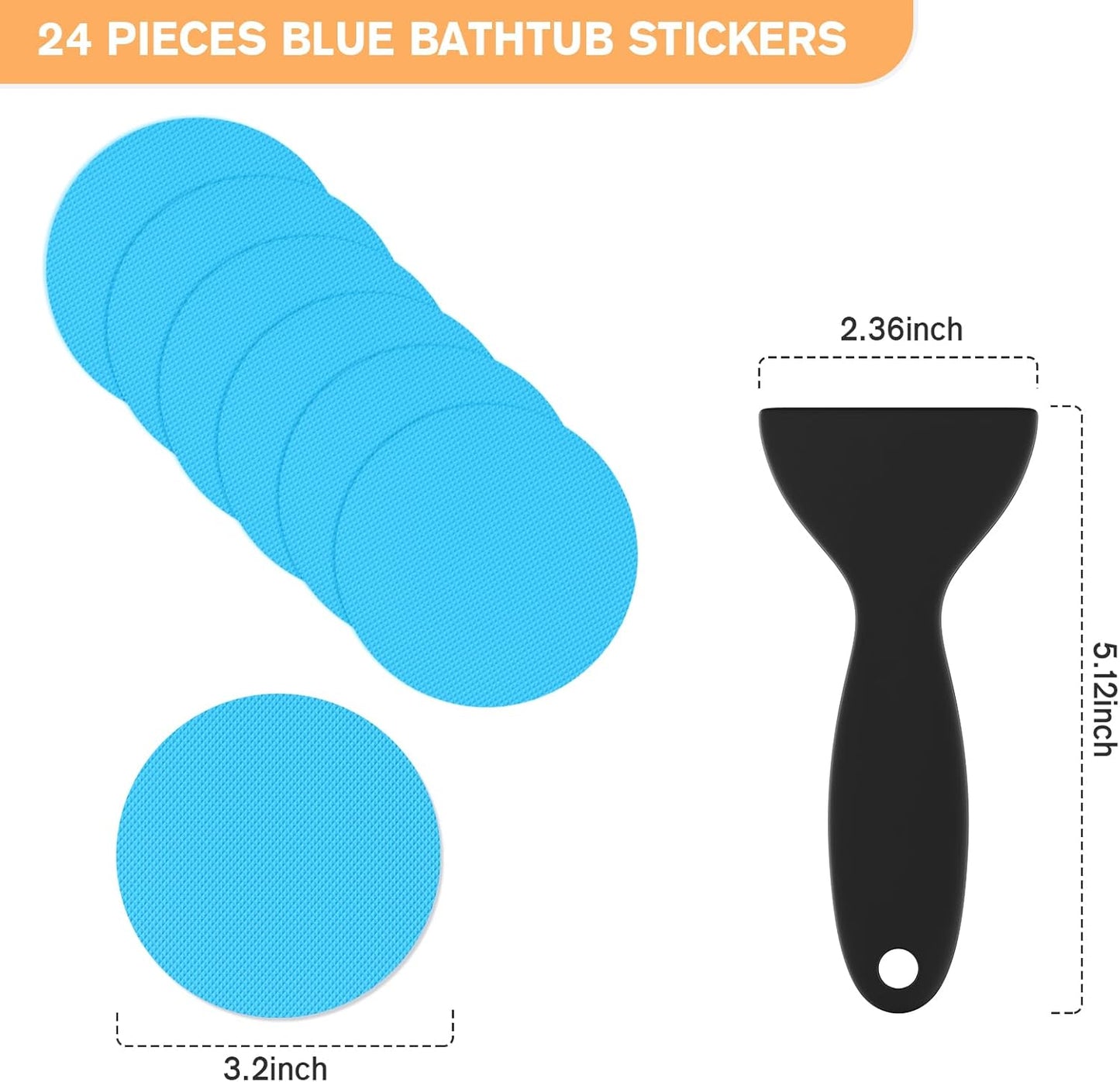 Non Slip Bathtub Stickers, 24 PCS Shower Stickers for Safety Bathroom Tubs, Bathtub Non Slip Stickers and Adhesive Decals Scraper for Bath Tub, Shower Floor, Stairs, Ladders(Round Shape, Blue)