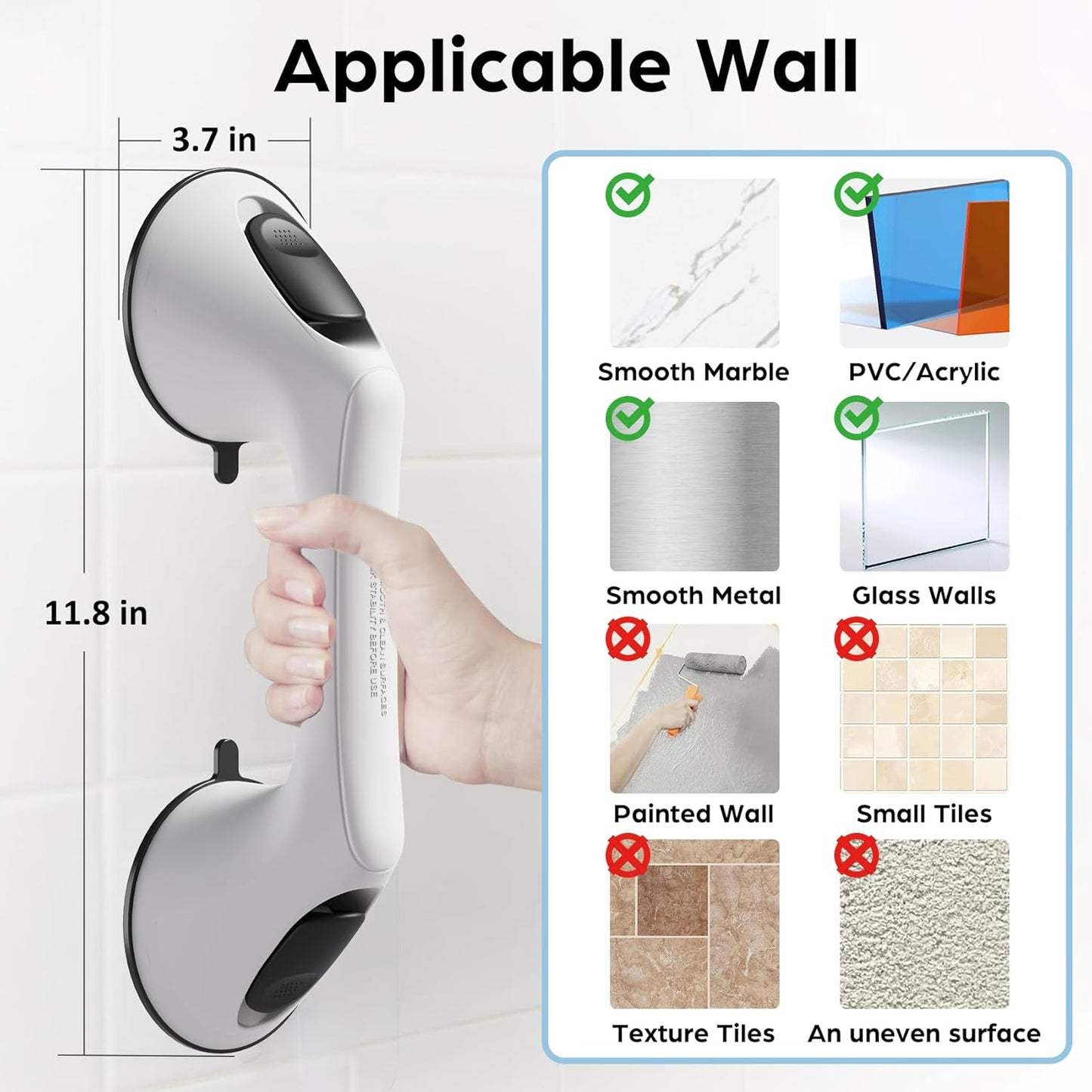 2 Pack 12 Inch Grab Bars for Bathtubs and Showers for Seniors, Heavy Duty Shower Handle for Elderly, Suction Cup Removable Handrails Handicap Bath Grip Bathroom Safety Grips (White and Black