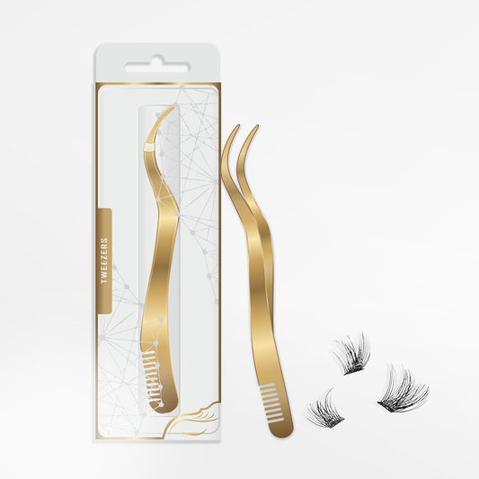 2 in 1 Lash Tweezer with Comb, Eyelash Extension, Stainless Steel Elbow Tweezers, Precise Eyebrow Tweezers Tool, Lashes Tweezer Applicator for DIY Applying False Eyelashes Clusters, Gold