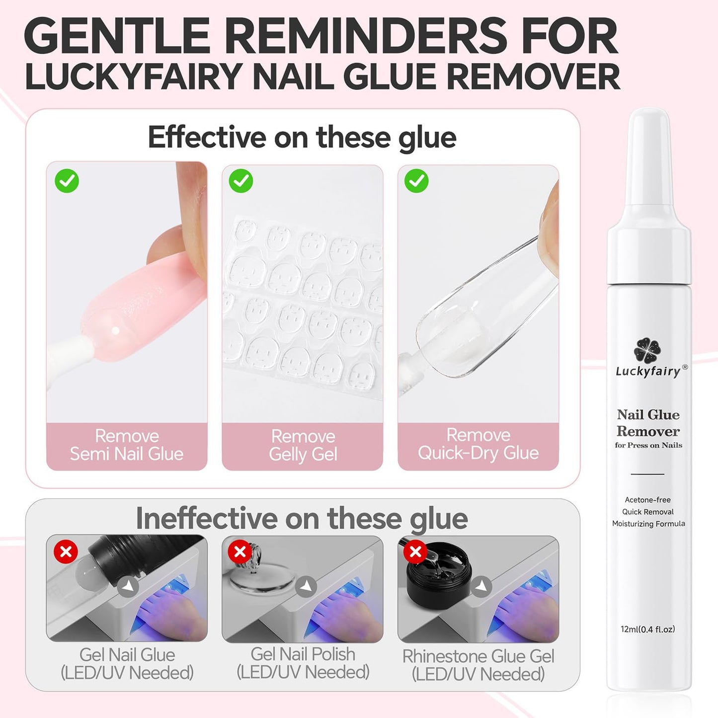Nail Glue Remover for Press on Nails: Quick Removal Acrylic Nails Semi Solid Nail Glue Acetone-Free, Not for Gel Polish Base Coat Easy Removal Fake Nails, 2Pcs*12ml