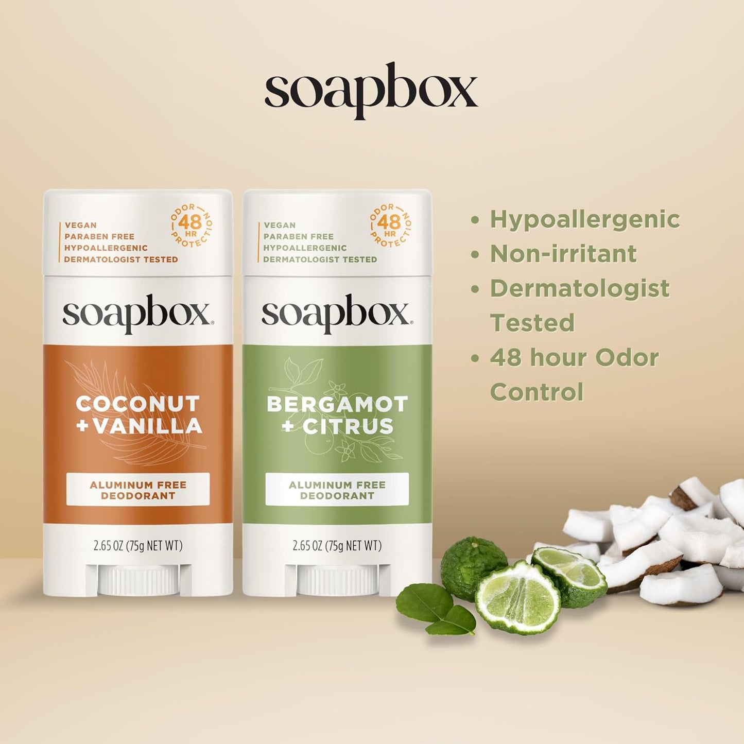 Soapbox Aluminum Free Deodorant, Coconut & Vanilla Scented Deodorant, Scented Aluminum-Free Natural Deodorants, 2.65oz