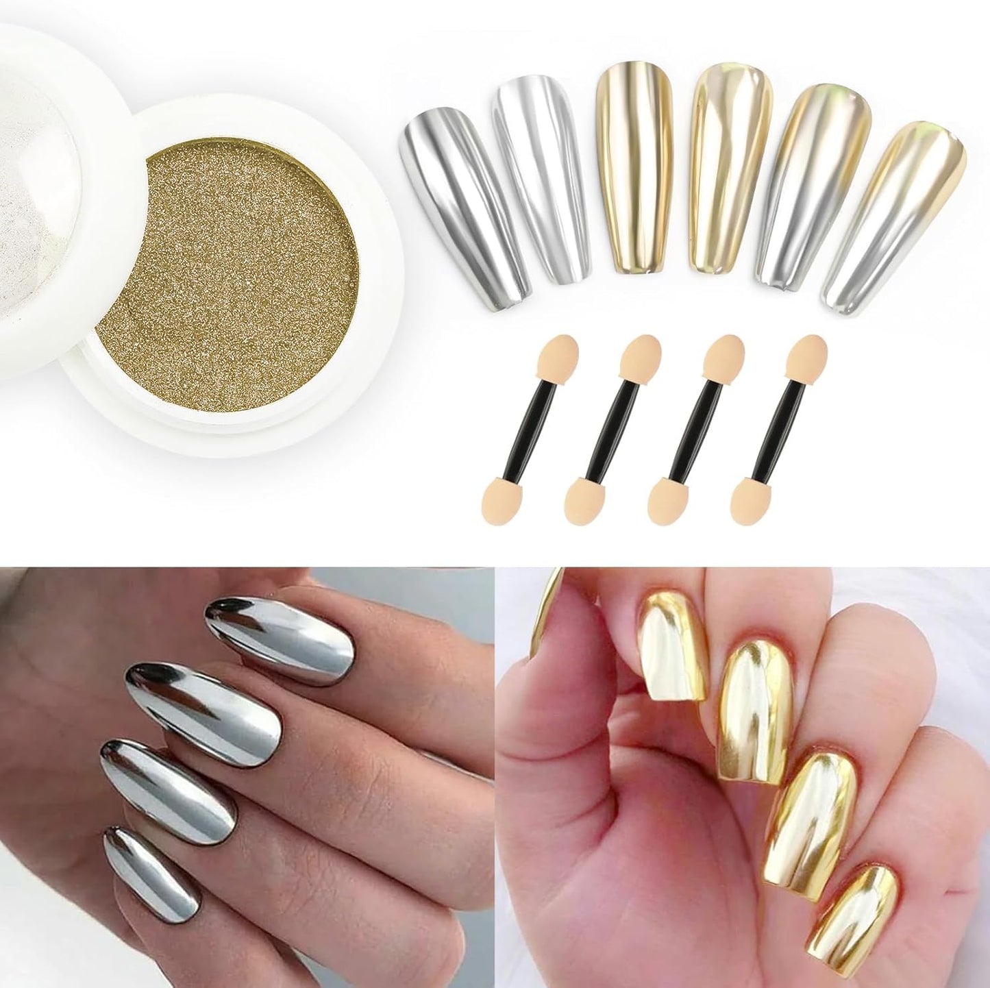 2 Jars Chrome Nail Powder:Mirror Effect Gold Chrome Nail Powder,Metallic Mirror Silver Chrome Powders Decoration for DIY Nail Art,Pigment Holo chrome powder with 4 Eyeshadow Sticks