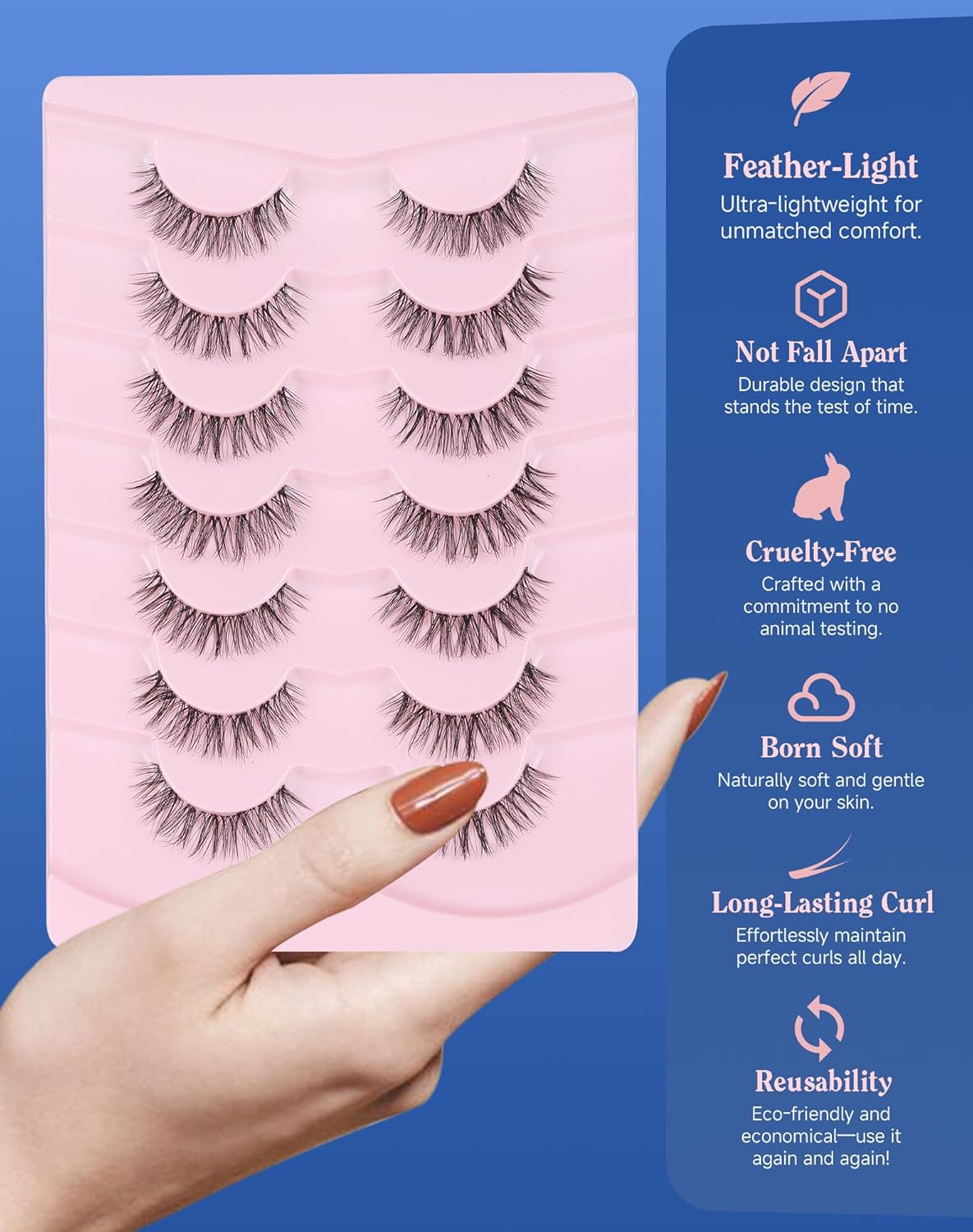Lashes Short Natural Everyday Wispy Eyelashes Clear Band Flared Strip Eyelash Soft Lash Fluffy Pack 7 Pairs SF-09