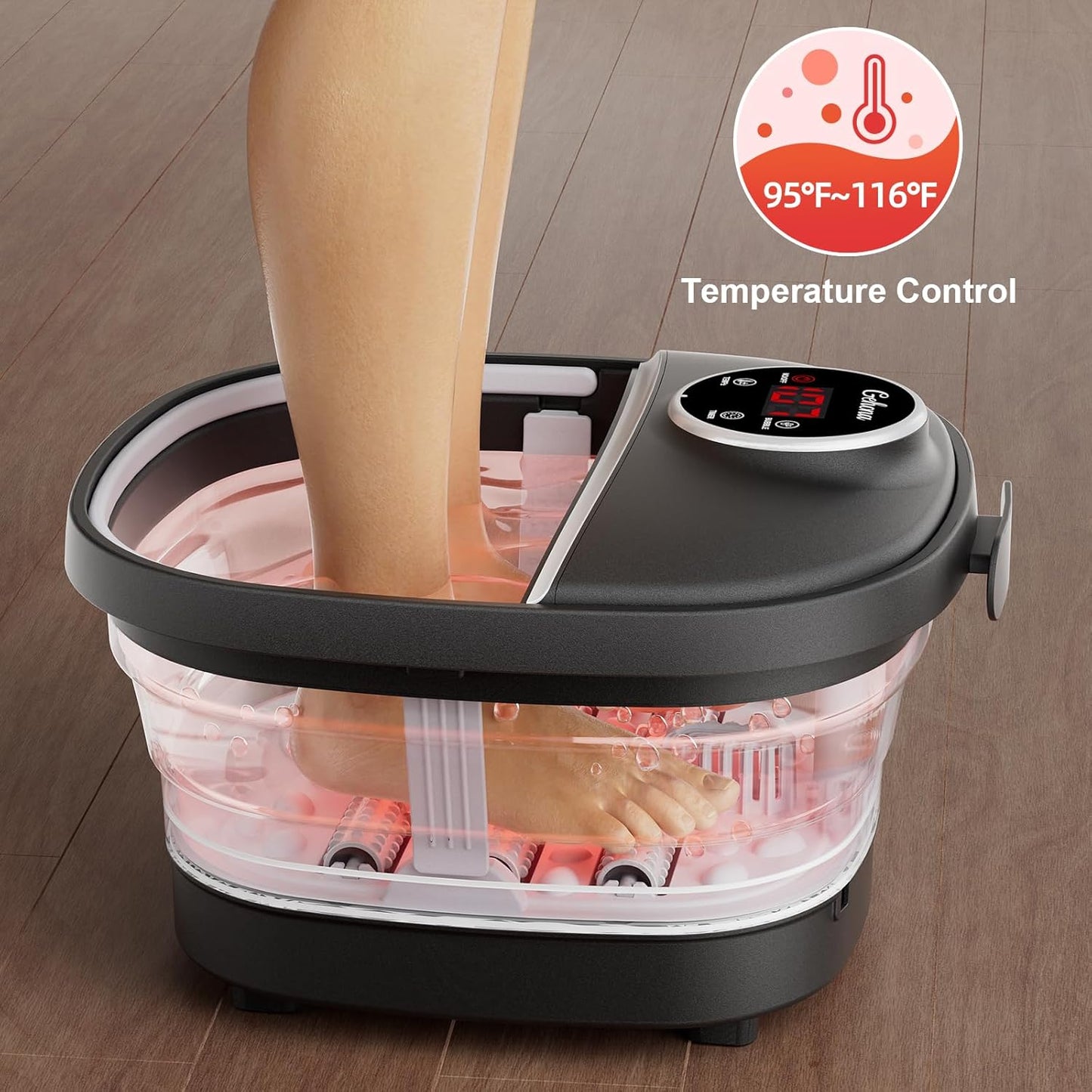 Collapsible Foot Spa Bath with Heat,Foot Massager with Two Side Supports,Leakage Protector,Temperature Control,Bubbles,Red Light,Timer,Feet Spa Tub,Feet Soaker,Gifts (Black)