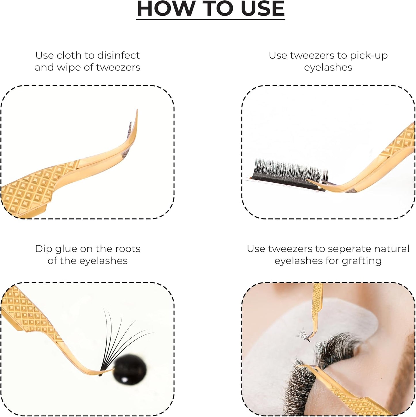 SIVOTE Eyelash Extension Tweezers Fiber Tips Japanese Steel, Set of 6, Curved, Dolphin, 90 Degree 45 Degree, Volume Boot & Slight Curved Tweezer, Gold