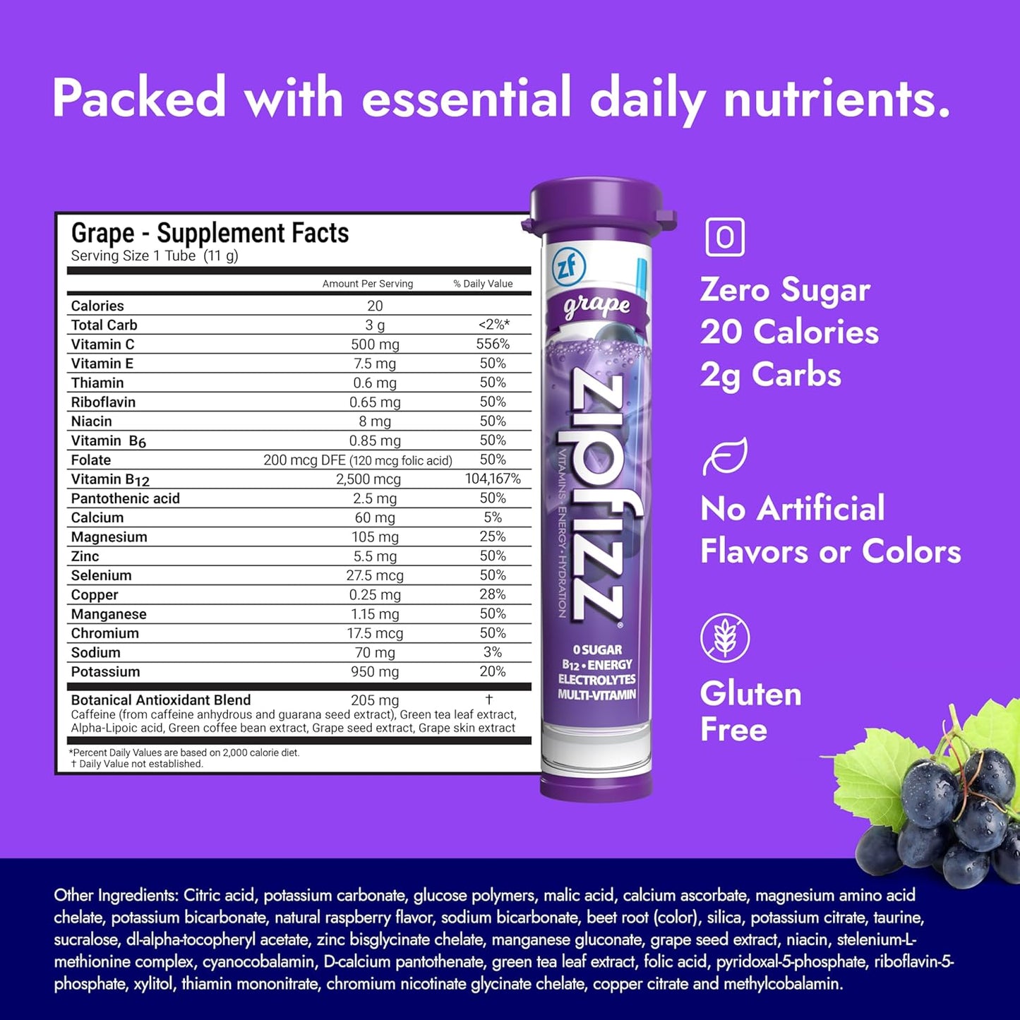 Zipfizz Daily Energy Drink Powder, Grape, 20 Pack | 3-in-1 Sustained Energy, Rapid Hydration, and Essential Vitamins | Sugar-Free | Electrolyte Powder | Contains Vitamin B-12 & Antioxidants