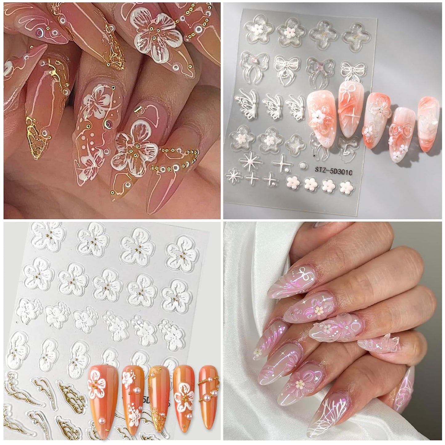 Flower Nail Art Stickers 5D Embossed Nail Decals Spring Summer Colorful Flower Nails Design Self-Adhesive 3D Accessories for Women Nails DIY Decoration(6 Sheets)