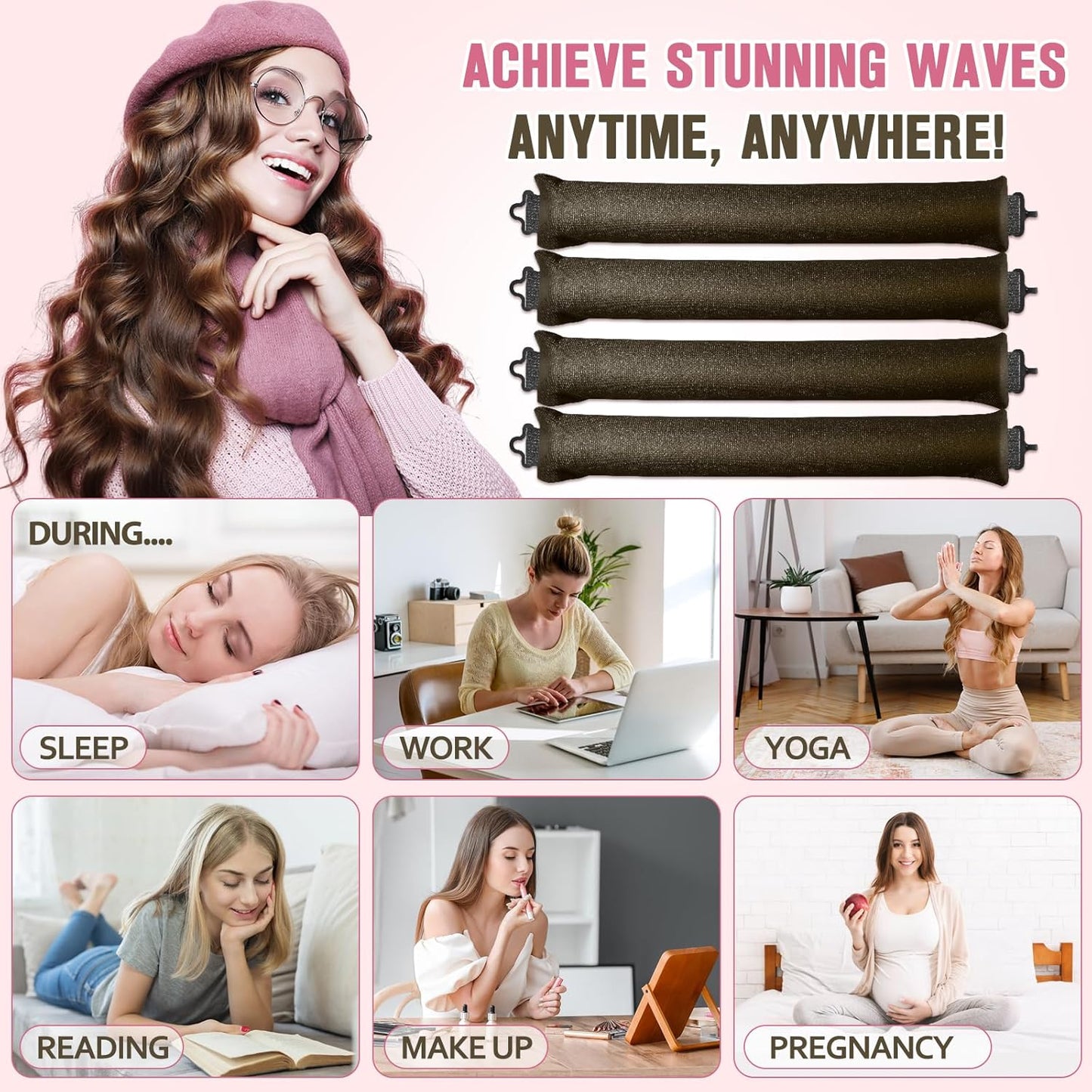 Heatless Curls Overnight, 4 Pcs No Heat Curling Blowout Rod, Satin Blowout Look Heatless Hair Rollers, Soft Flexi Rods for Big Curls to Sleep In