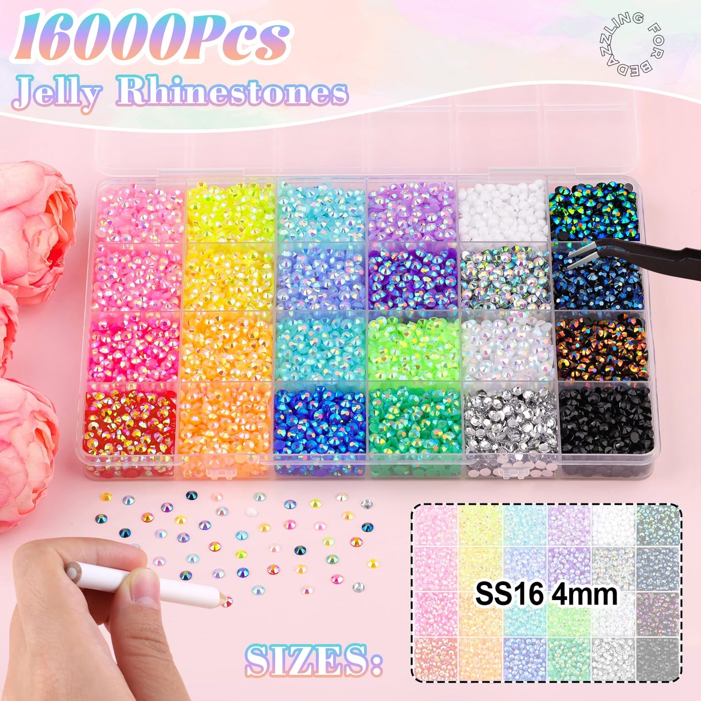 16000Pcs Resin Rhinestones for Bedazzling with B7000 Jewelry Glue, 4MM Colorful Gems Flatback Rhinestones for Crafting, Crystal for DIY Crafts Clothing Tumblers Mugs Shoes Fabric Decor Nail Art