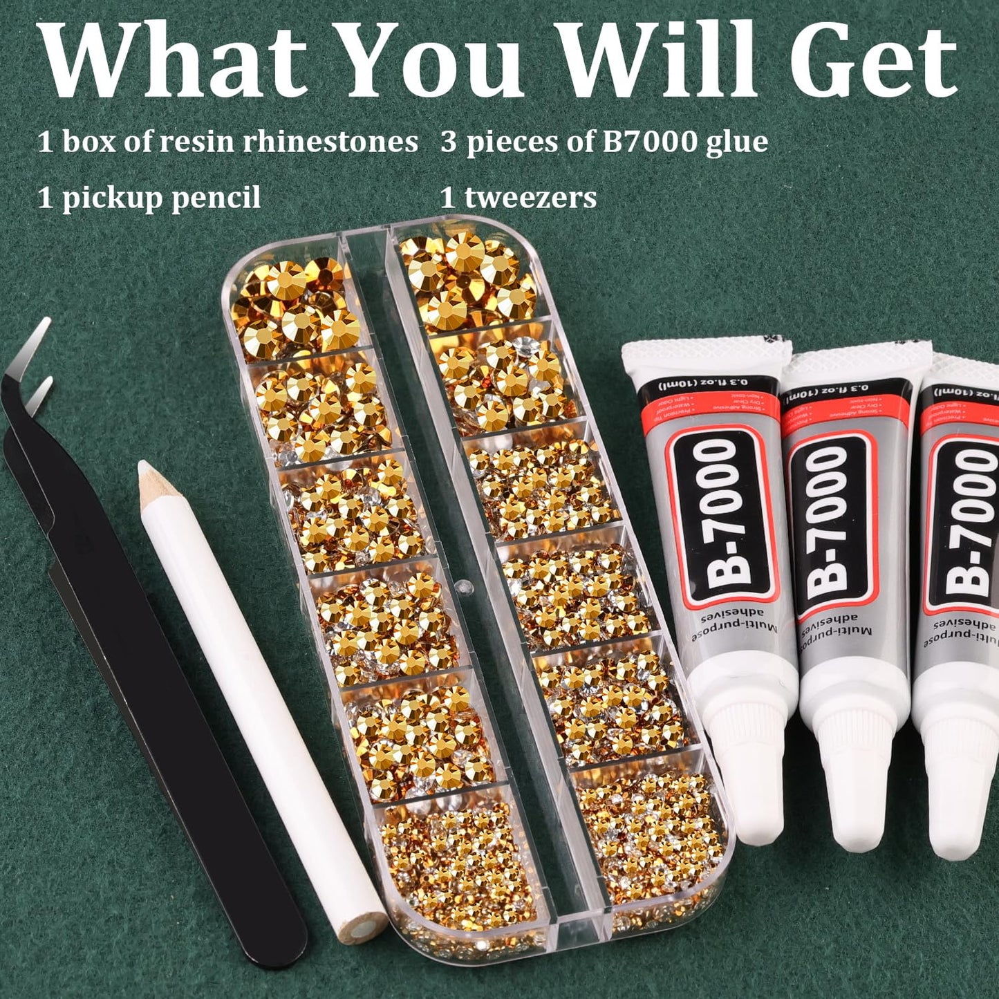 Resin Rhinestones for Crafting with B7000 Jewelry Glue, 1 Box Gold Flatback Crystals with 3Pcs 10ml Glue for Bedazzling Crafts DIY Nail Art MakeupďźNon Hotfix Gems for Clothing Shoes