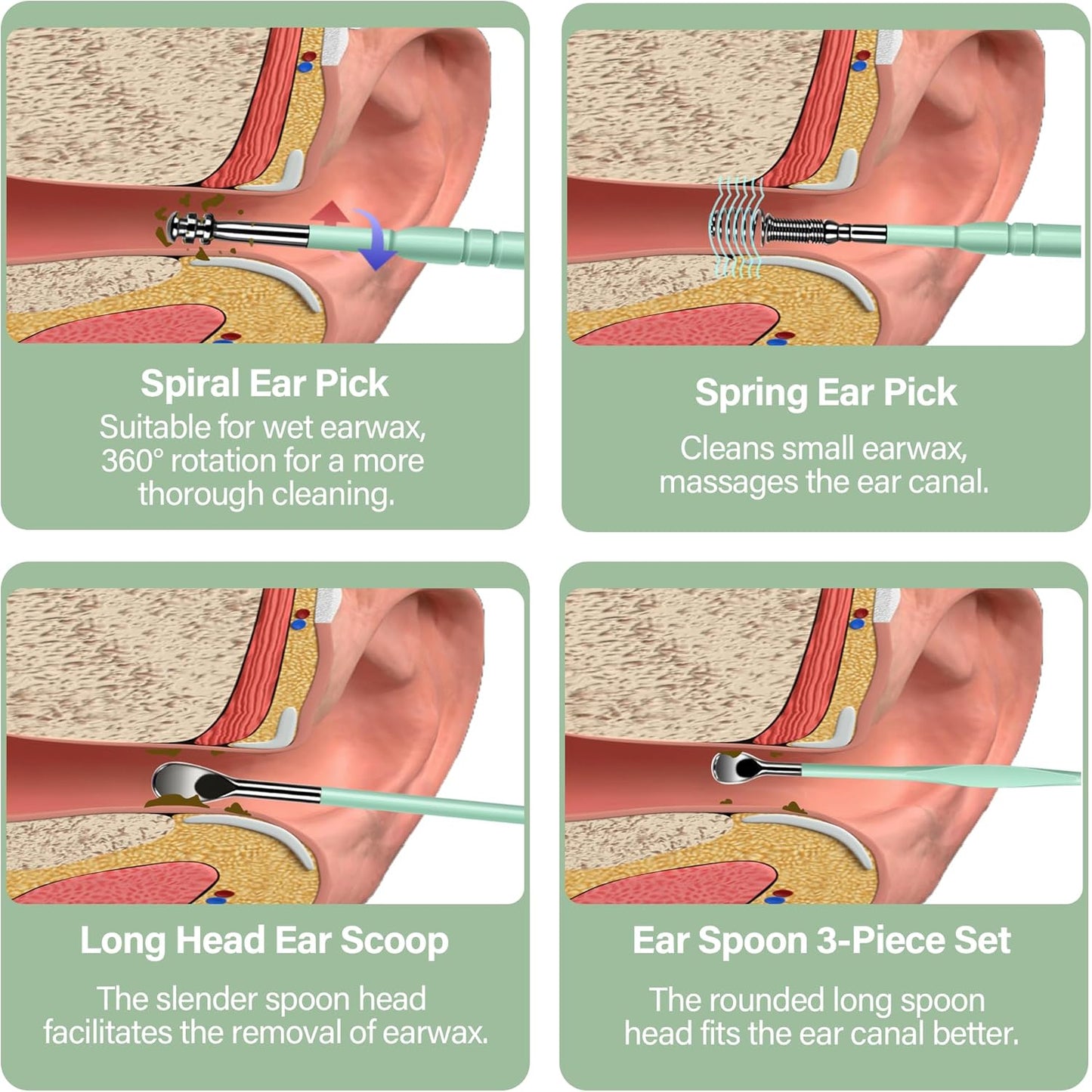 15 Pack Ear Wax Removal Tool Kit with Light - LED Ear Cleaning Kit, Ear Wax Removal for Kids and Adults, Ear Cleaning Tool, Ear Picker Spoon & Ear Tweezers & Spiral Spring Ear Spoon Green