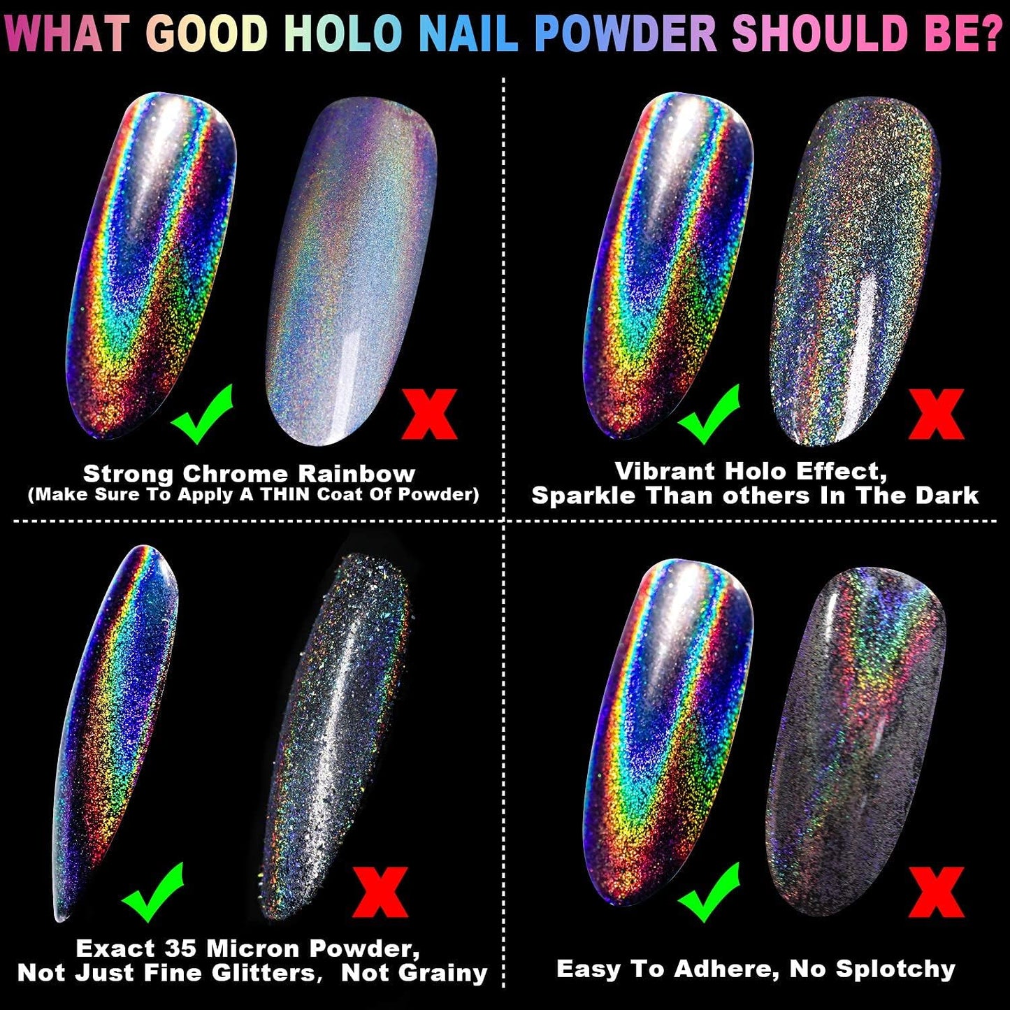 2 Jars Holographic Nail Powder Fine Rainbow Holo Mermaid Unicorn Mirror Laser Effect Multi Chrome Manicure Pigment Glitter Dust + 6PCS Sponge Tools for Salon Home Nail Art DIY Decroration