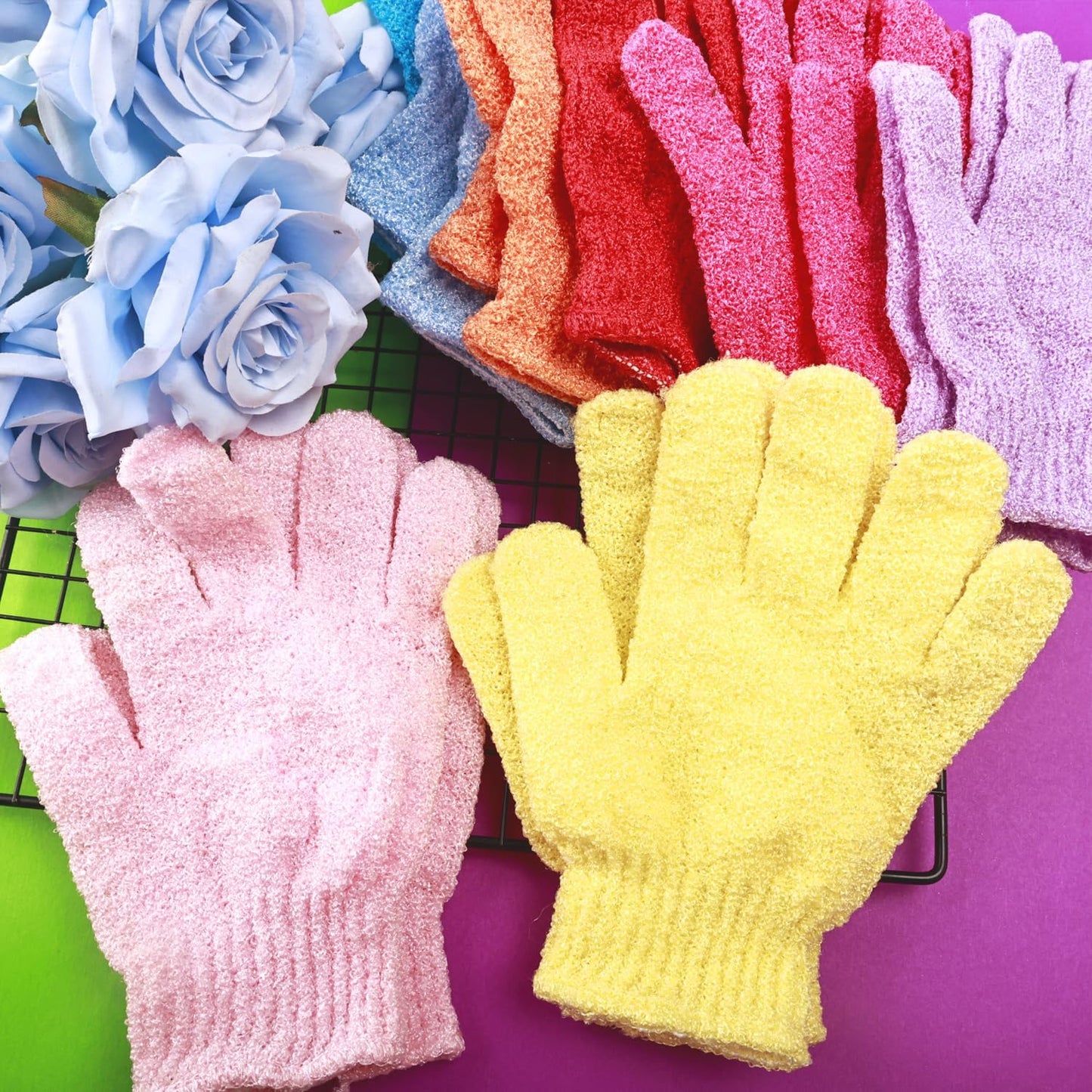 16 Pcs Exfoliating Bath Gloves Shower Gloves, 8 Colors Double Sided Exfoliating Gloves for Beauty Spa Massage Skin Shower Body Scrubber Bath Accessories, Made of Nylon