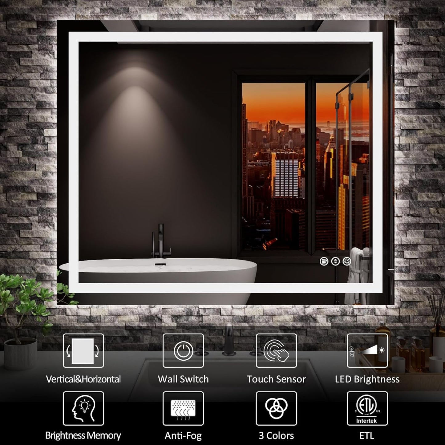 Amorho LED Mirror for Bathroom 36" X30" with Front Light and Backlit, Stepless Dimmable, Anti-Fog, Shatter-Proof, Memory, 3 Colors, Wall Mount (Horizontal/Vertical)