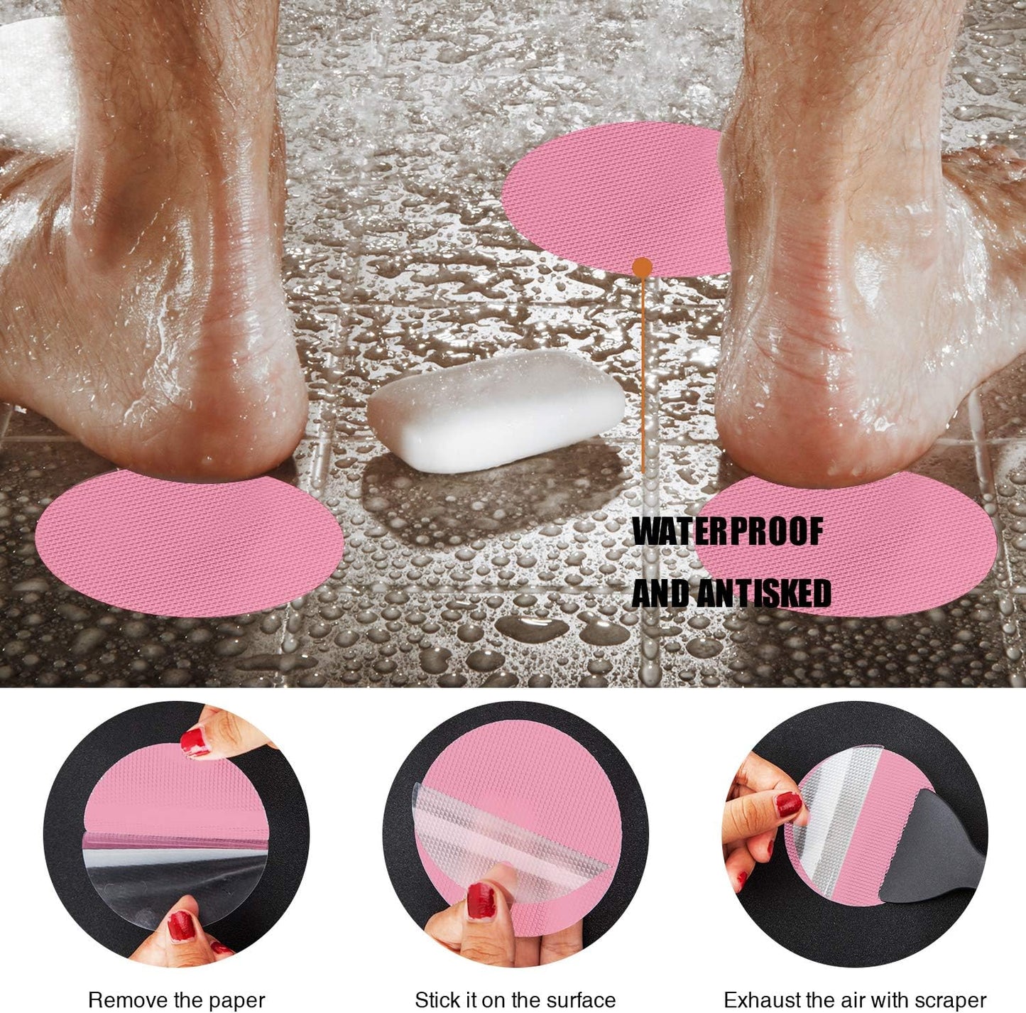 Non-Slip Bathtub Stickers, 24PCS Safety Bathroom Tubs Showers Treads Adhesive Decals Scraper (Pink)