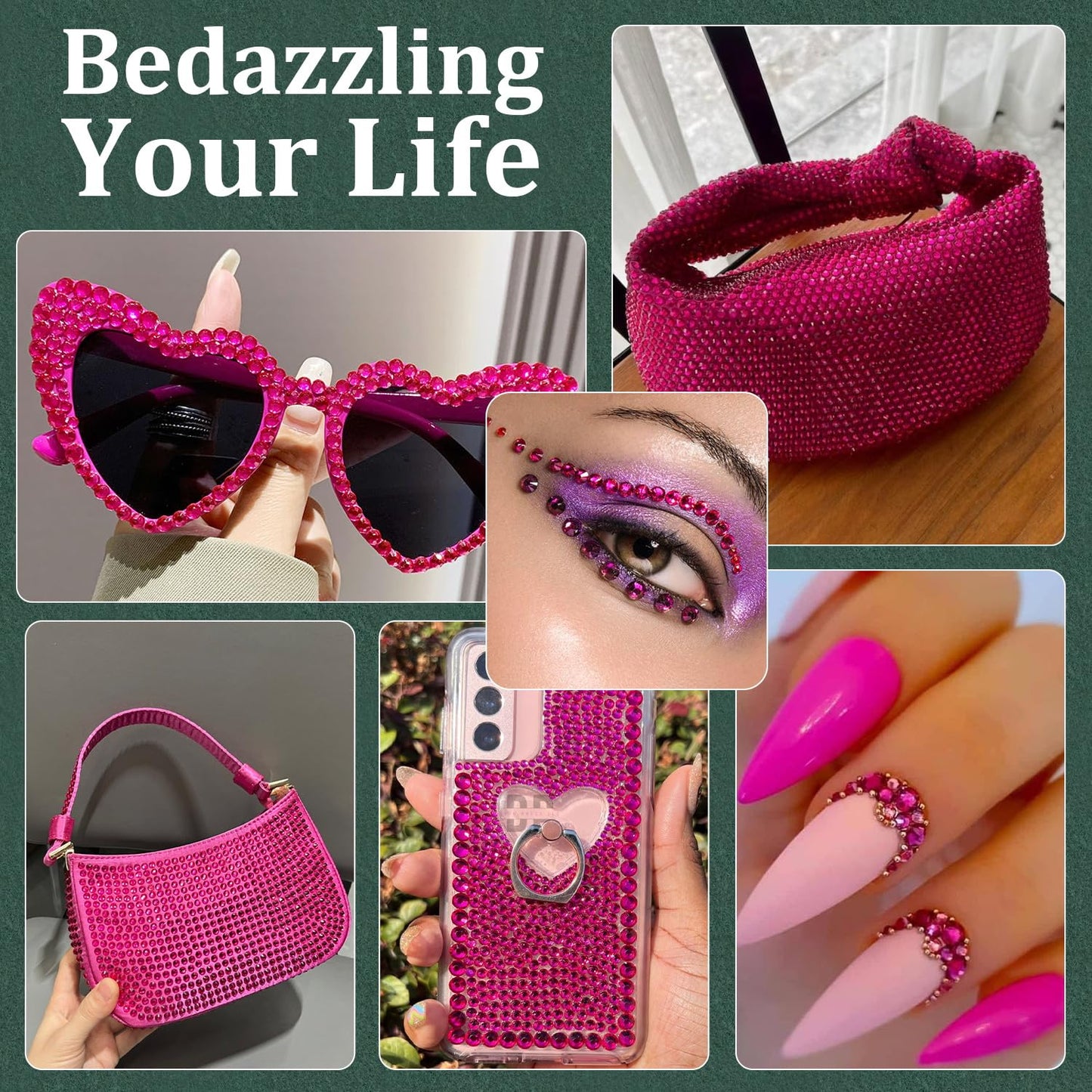 Resin Rhinestones for Crafting with B7000 Jewelry Glue, 2 Boxes Hot Pink Flatback Crystals with 3Pcs 10ml Glue for Bedazzling Crafts DIY Nail Art MakeupďźNon Hotfix Gems for Clothing Shoes