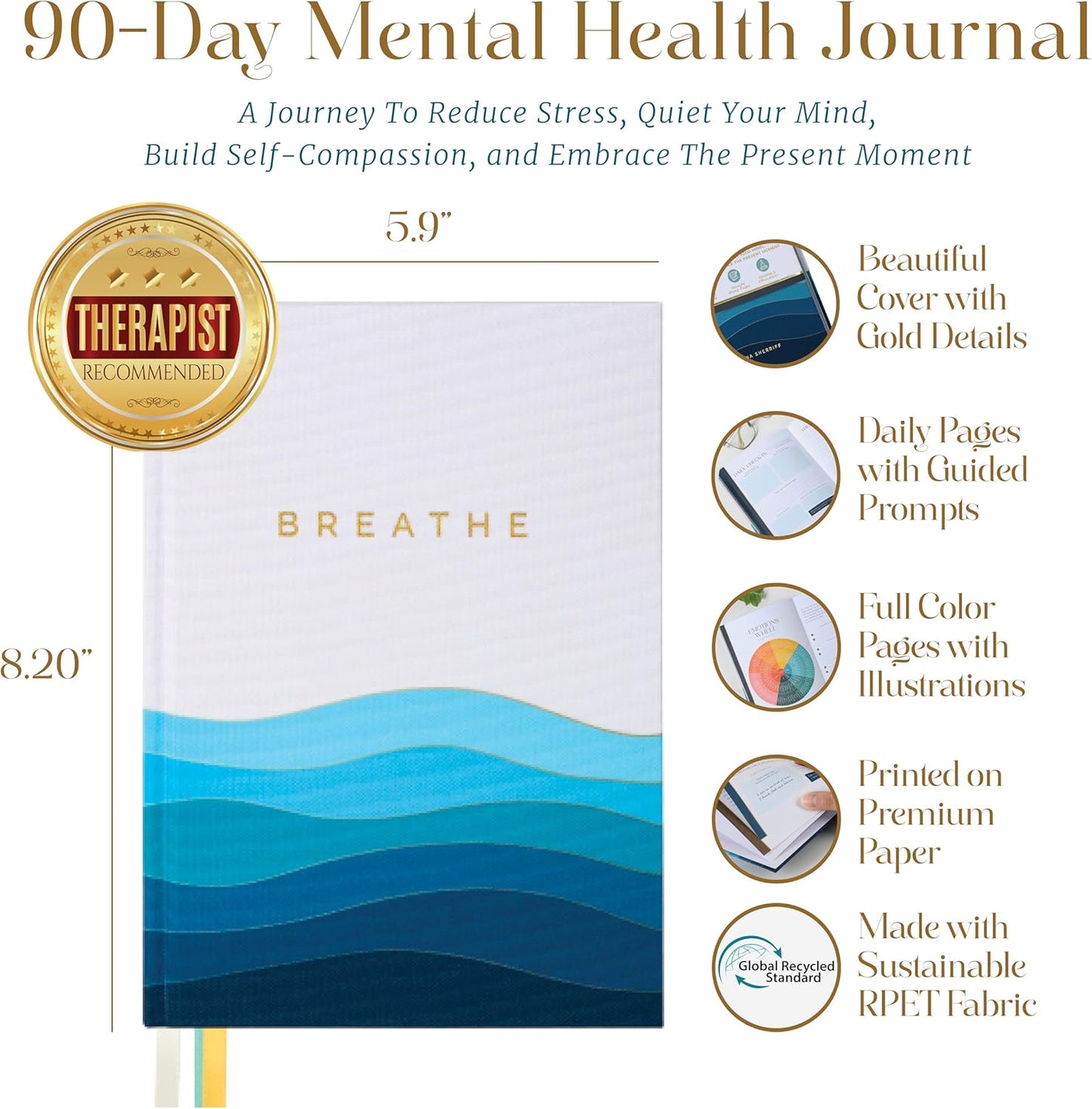 90-Day Guided Mental Health Journal for Anxiety, Mindfulness & Emotional Wellness – Eco-Friendly Cover Made from Recycled Ocean Plastic – Daily Prompts for Self-Care, Self-Reflection, Calm, Stress Relief & Inner Strength