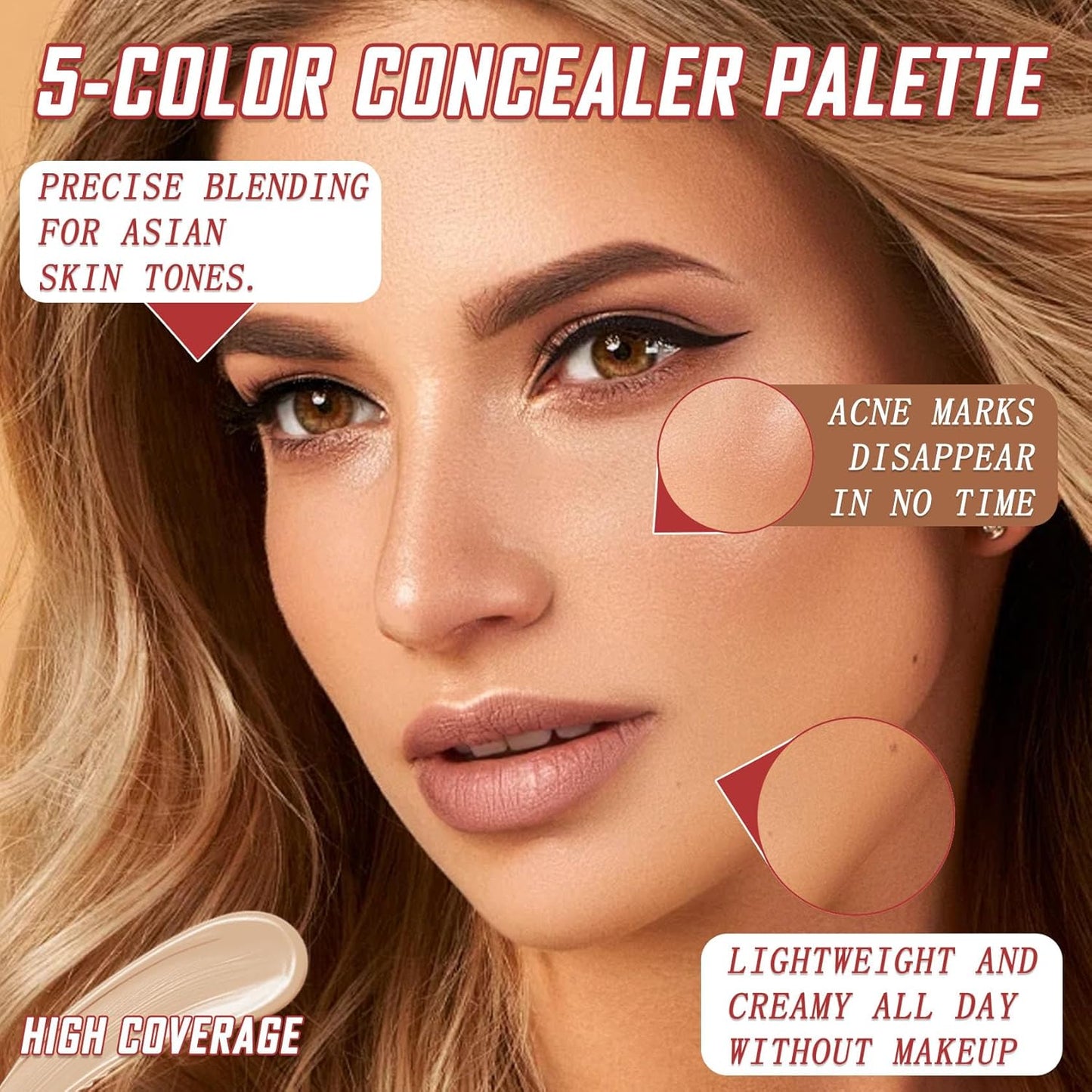 5 Colors Correcting Concealer Palette,Waterproof Long Lasting Cream Contour Palette for Women,Contouring Concealer Liquid Foundation Makeup Palette with Brush 02#