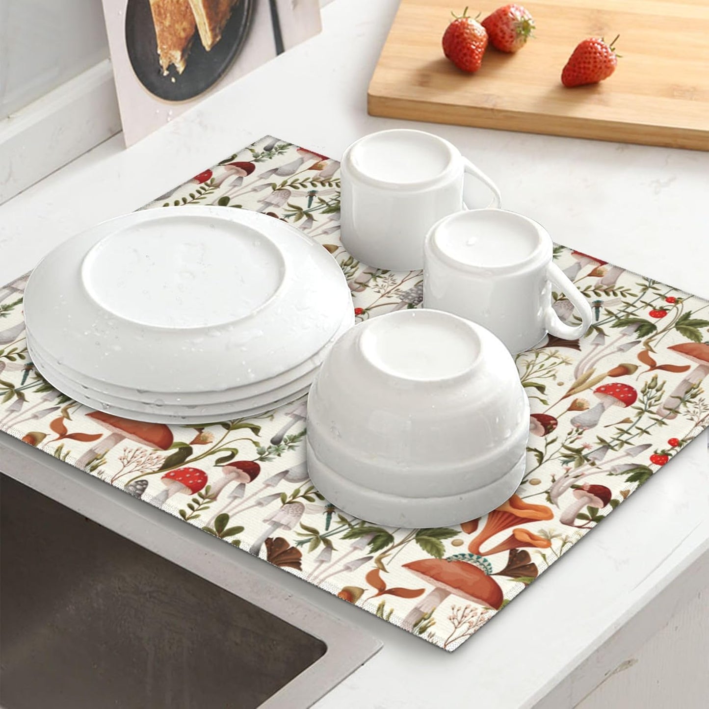 Boho Mushroom Decor Dish Drying Mat for Kitchen Counter Botanic Plant Beige Dish Drainer Rack Mats 16x18 Inch Absorbent Reversible Drying Pad