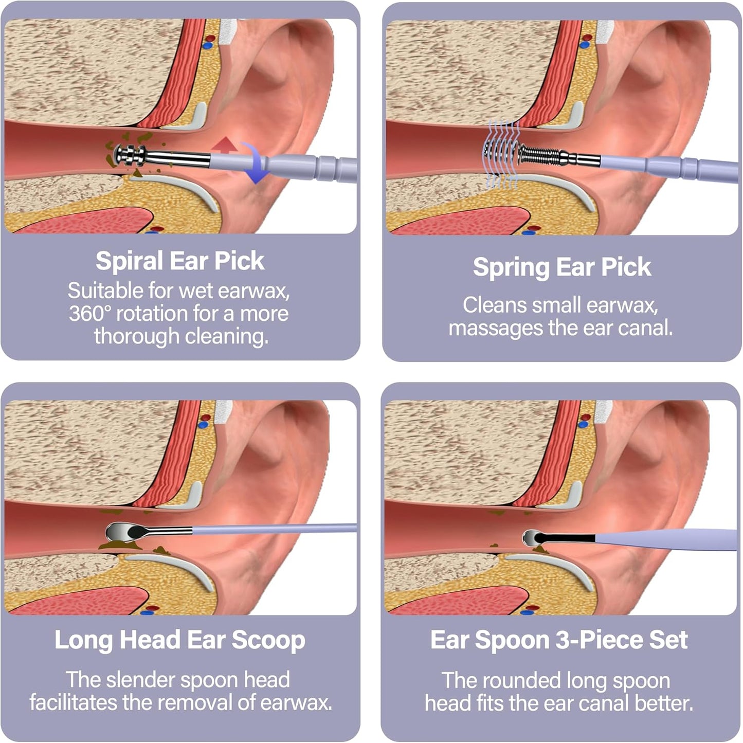 15 Pack Ear Wax Removal Tool Kit with Light - LED Ear Cleaning Kit, Ear Wax Removal for Kids and Adults, Ear Cleaning Tool, Ear Picker Spoon & Ear Tweezers & Spiral Spring Ear Spoon Purple
