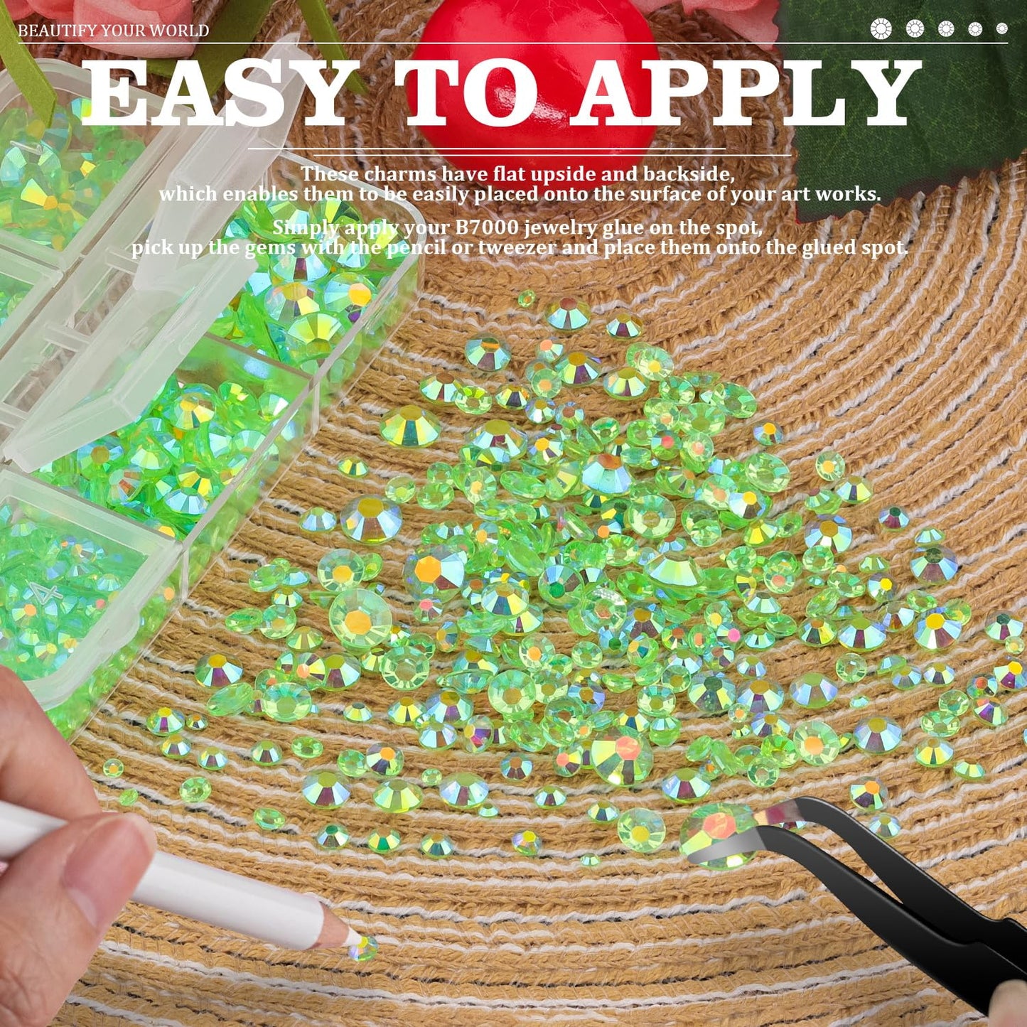 Resin Rhinestones Crafting, 2/3/4/5/6mm Flatback Jelly Rhinestones, 2 Boxes Transparent Grass Green AB Non Hotfix Crystal Gems for Bedazzling Crafts Mugs Tumblers Clothes Makeup Nail