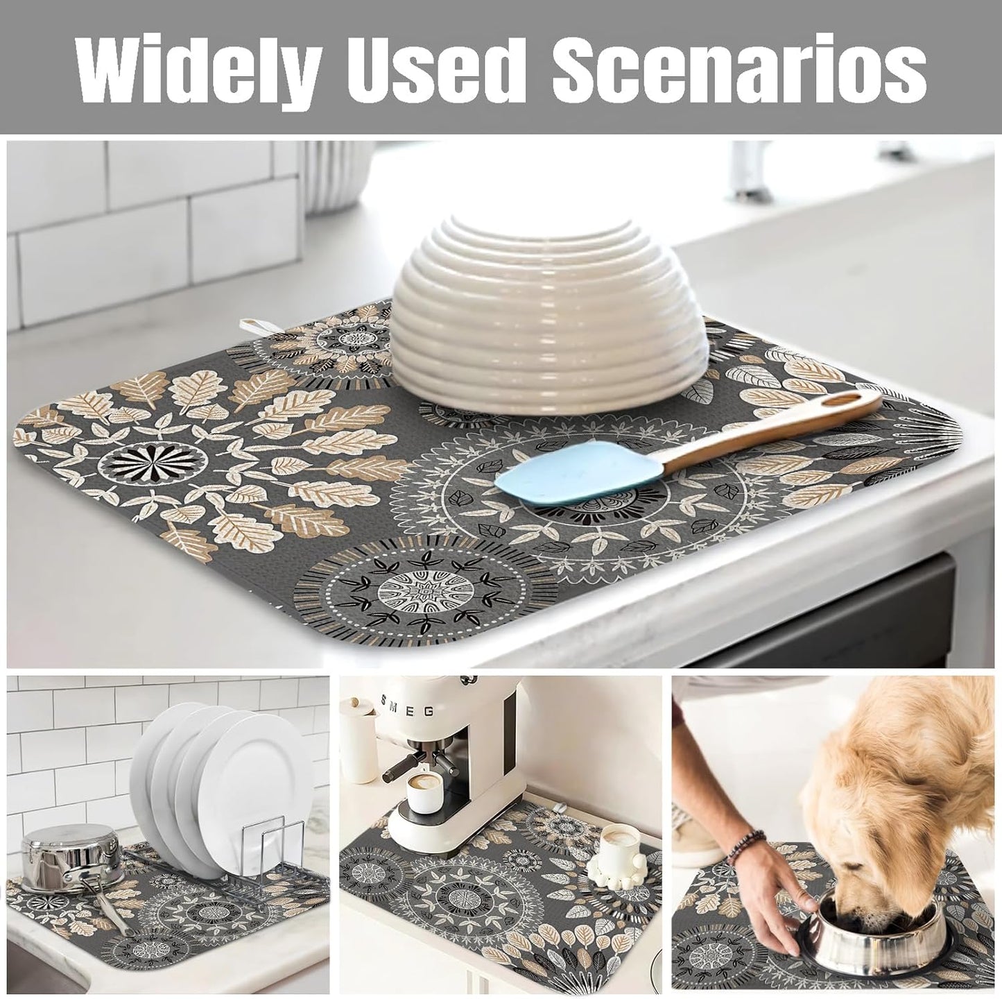 Dish Drying Mat for Kitchen Counter Large 16" x 18" Mandala Absorbent Microfiber Dishes Drainer Rack Mats Pad Reusable Washable