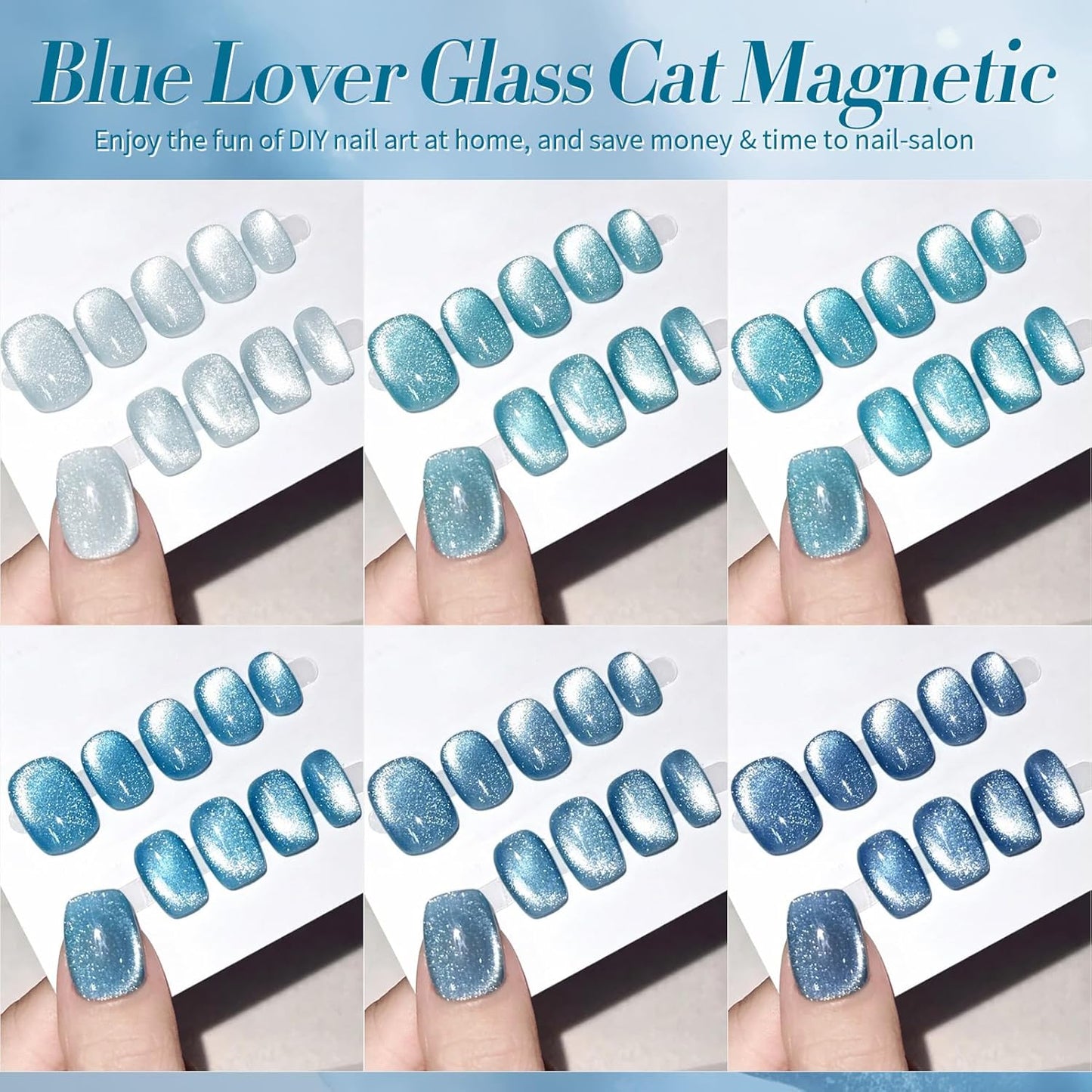 BORN PRETTY Magnetic Gel Nail Polish Blue Water Light Cat Magnetic Eye Gel Jelly Glass Crystal Magnetic Gel Polish Glitter Shimmer Auroras Magnetic Gel Nail Art Manicure Kit 6PCS