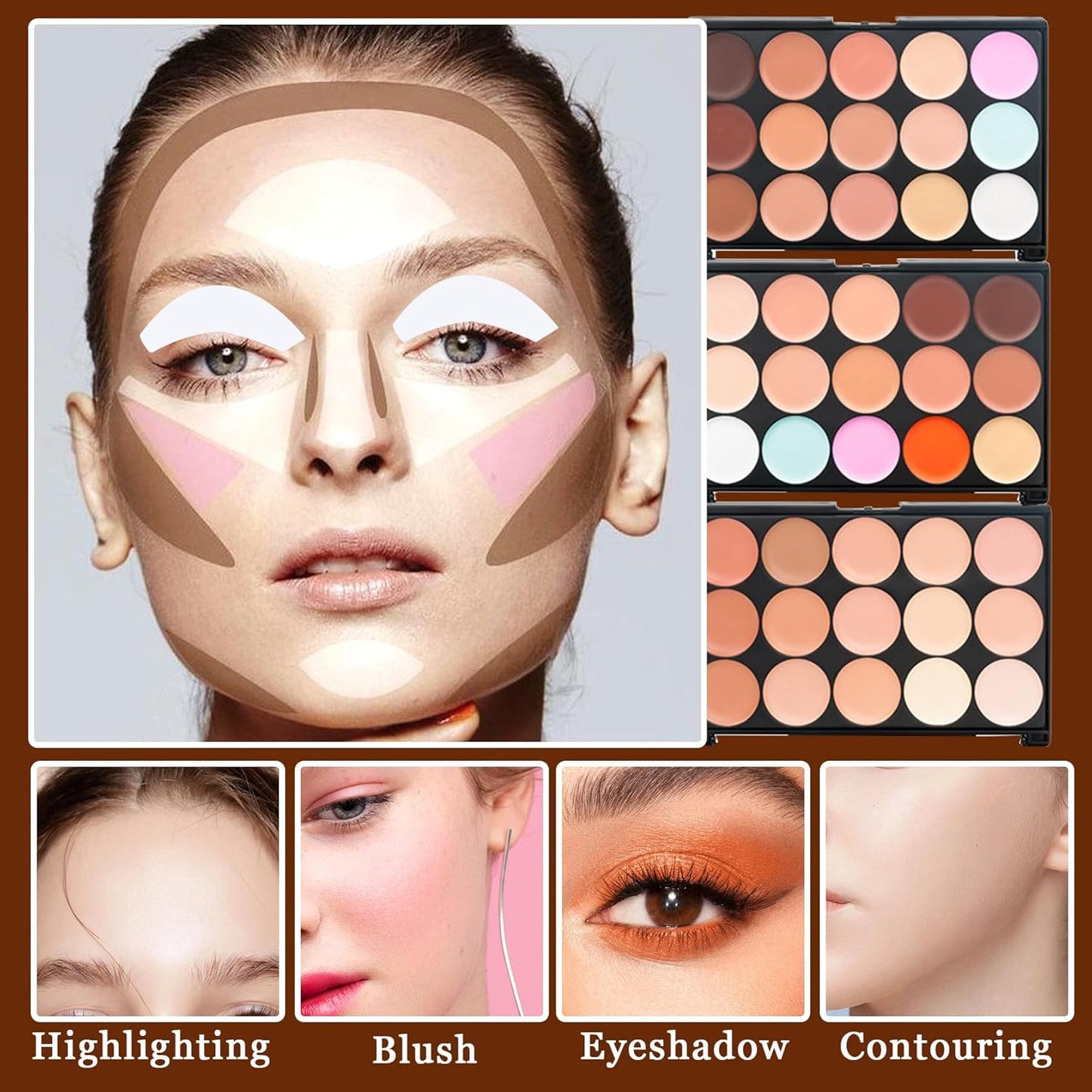 15 Color Contour Palette,Waterproof Long Lasting Facial Correcting Concealer Palettes,Cream Foundation Makeup Palettes with Brushes,Color Correcting Palettes for Women (3 Pack)