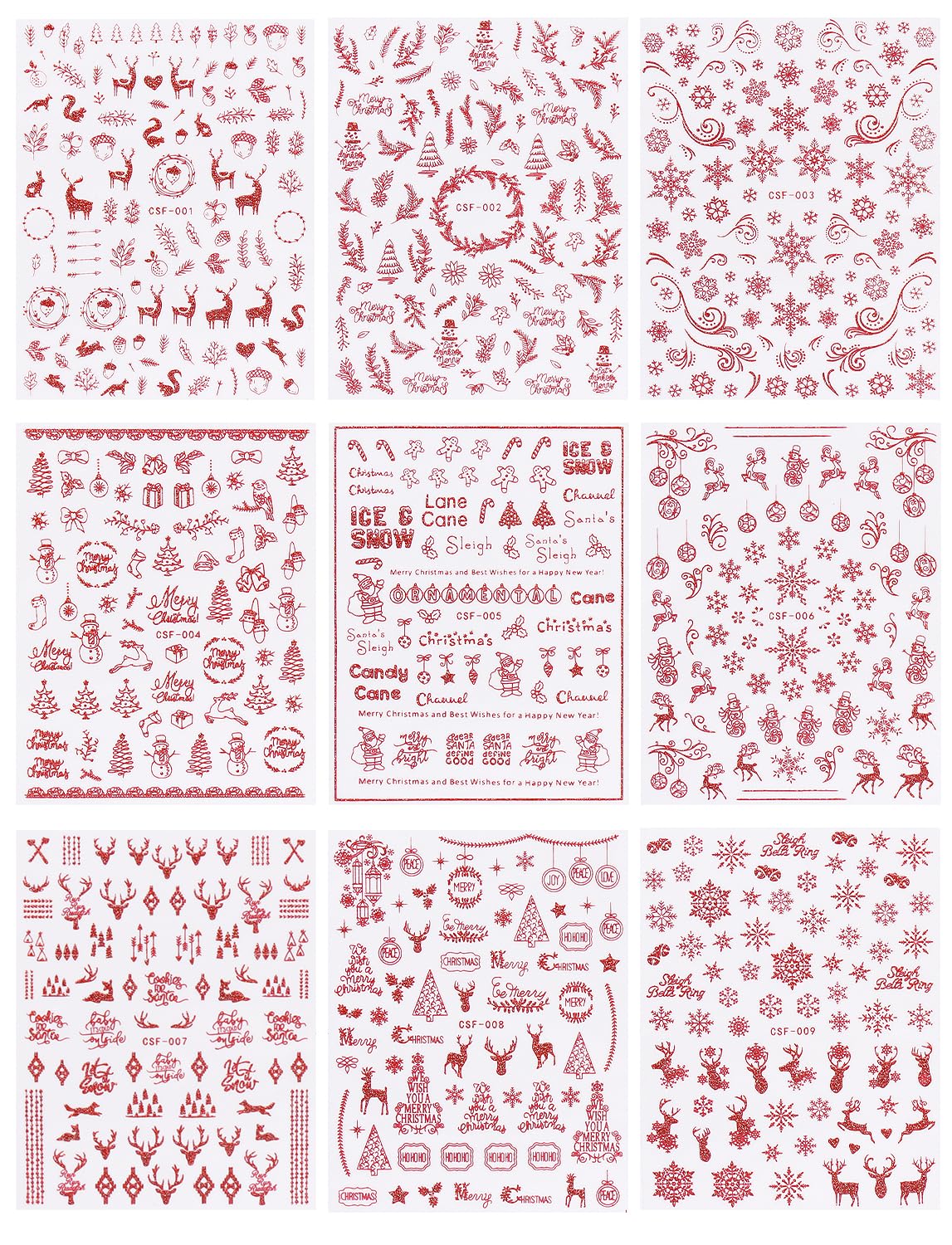 JMEOWIO 9 Sheets Christmas Glitter Nail Art Stickers Decals Self-Adhesive Red Nail Supplies Nail Art Design Decoration Accessories