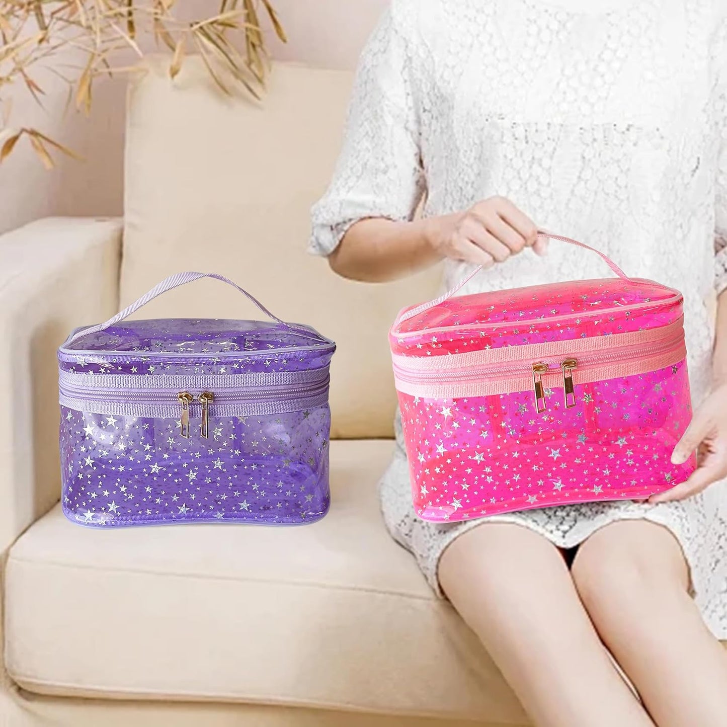 Holographic Makeup Bags Bulk,Clear Storage Bag Toiletry Pocket Portable Zippered Iridescent Pouch Waterproof Cosmetic Gift Bags for Women (White-L)