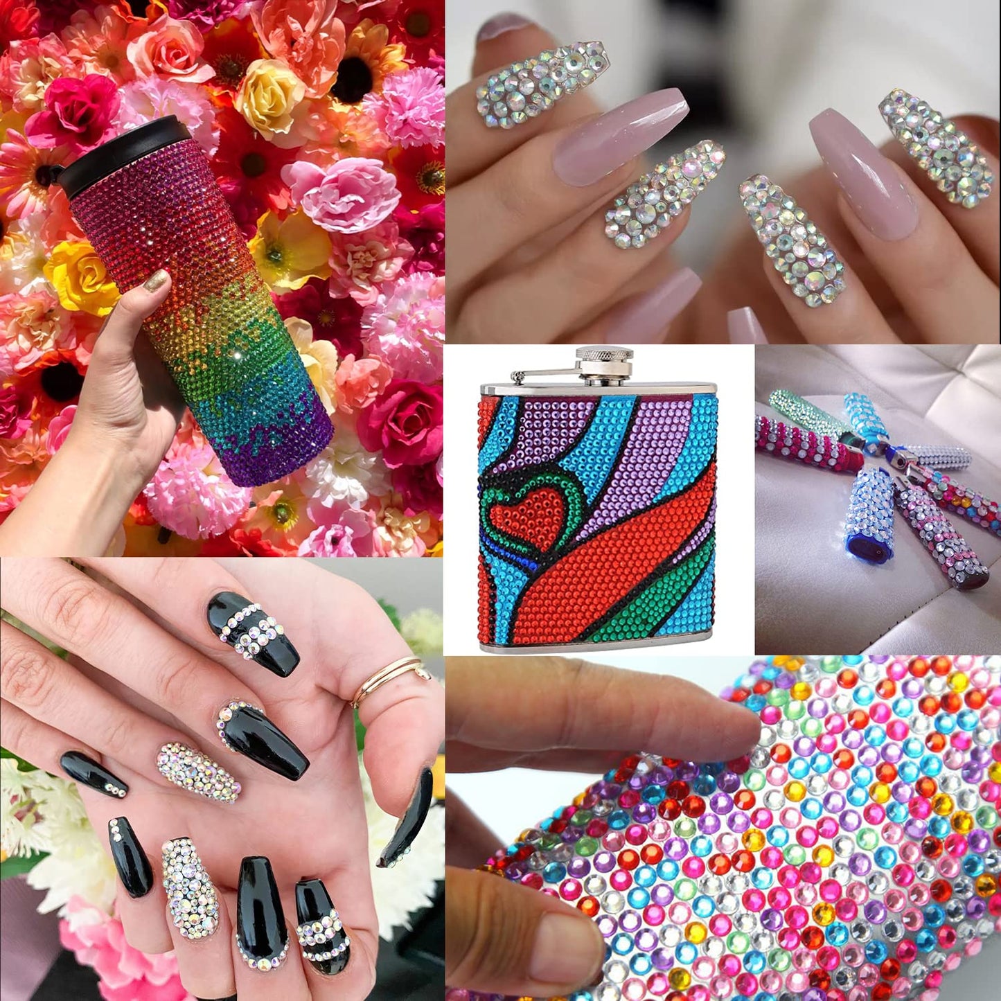 Flat Back Rhinestone Kits Colorful Rhinestones+Crystal AB Gems with Quick Dry Glue+Picker Pencil+Tweezer for Nail Art and Face Make-up