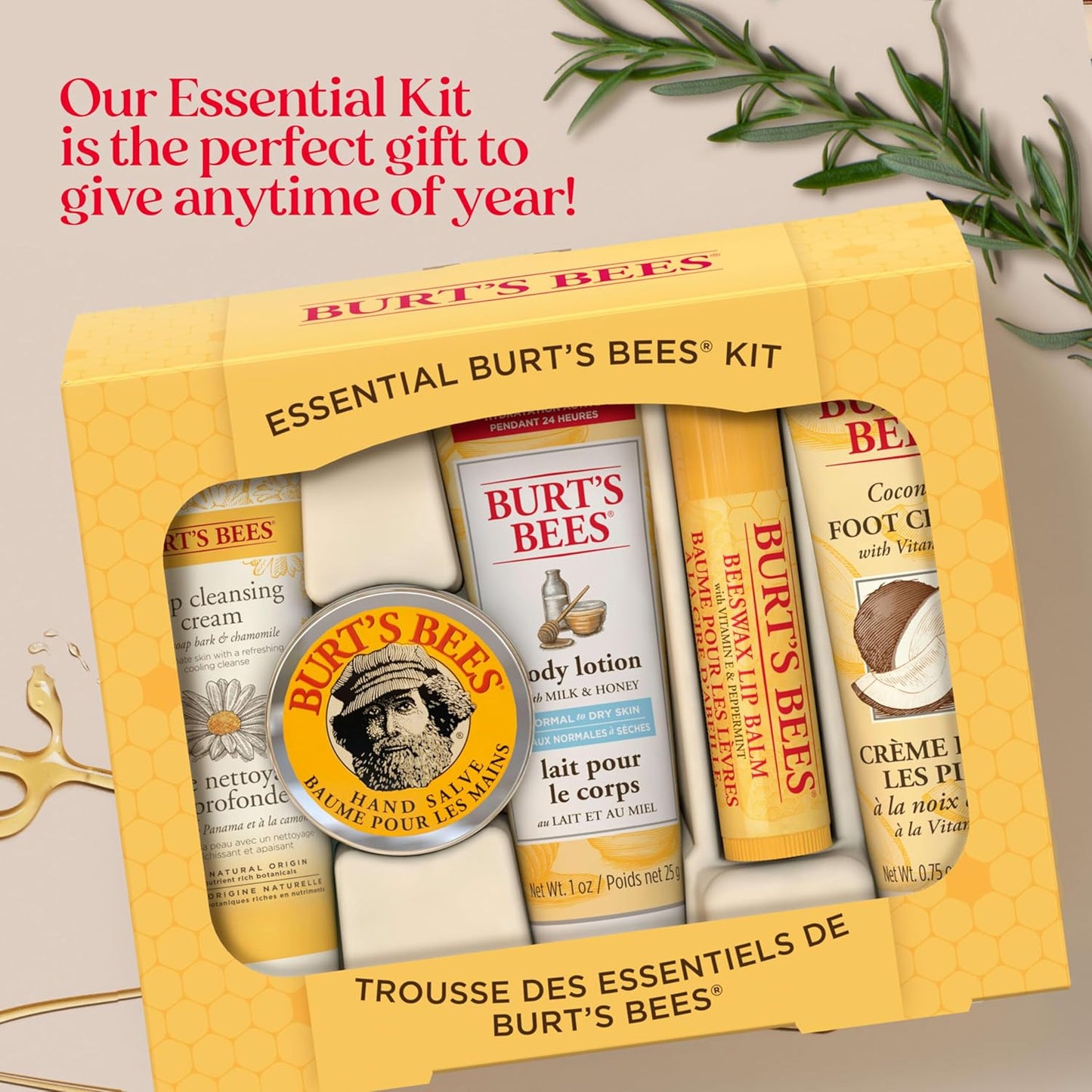 Burt's Bees Back to School Gifts Ideas, 5 Body Care College Dorm Products, Everyday Essentials Set - Original Beeswax Lip Balm, Deep Cleansing Cream, Hand Salve, Body Lotion & Foot Cream, Travel Size