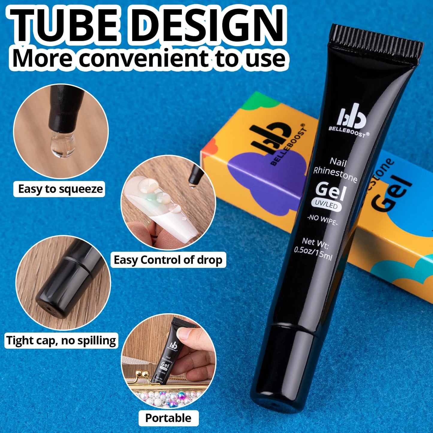 Nail Art Rhinestone Glue Gel&2 Boxes Flatback Gems Kit, 1 Tube of 15ml Rhinestone Gel Glue(UV/LED Needed)+Round Clear Gems+Flat-Back Half Round White&Beige Pearls with Pickup Tools