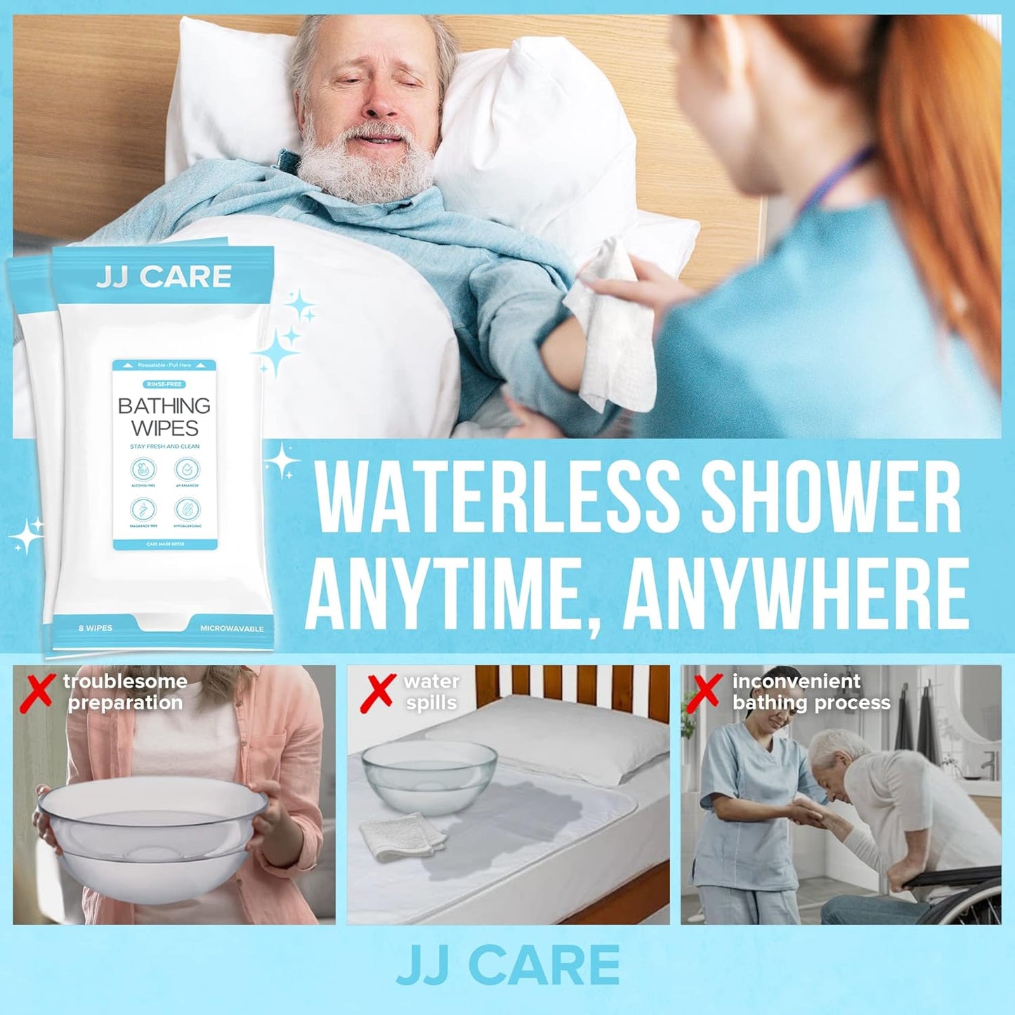JJ CARE Bathing Wipes - 10 Packs Shower Wipes For Adults No Rinse, 80 Count Body Wipe for Adults Bathing, Waterless Body Wash, Adult Wipe for Elderly