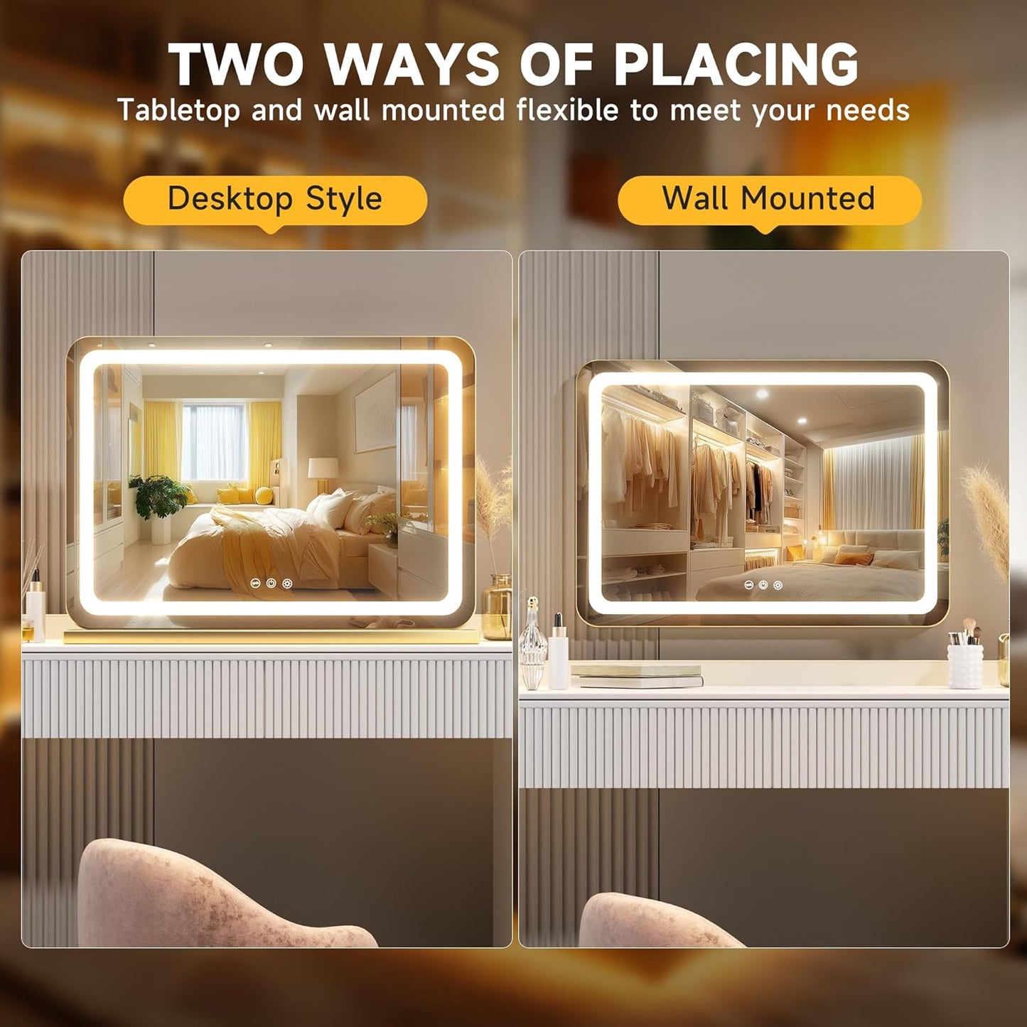 Hasipu Vanity Mirror with Lights, 31.5" x 22" LED Makeup Mirror, Lighted Makeup Mirror with Dimmable 3 Modes, Touch Screen Control Vanity Mirror Round Gold