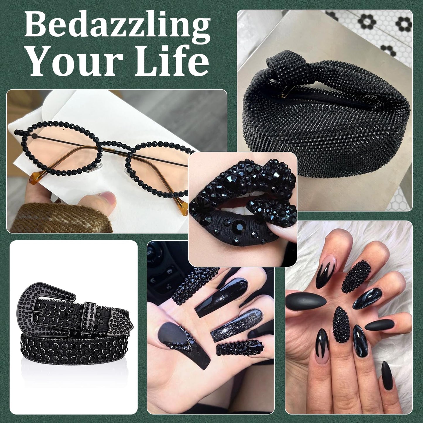 Resin Rhinestones for Crafting with B7000 Jewelry Glue, 2 Boxes Black Flatback Crystals with 3Pcs 10ml Glue for Bedazzling Crafts DIY Nail Art MakeupďźNon Hotfix Gems for Clothing Shoes