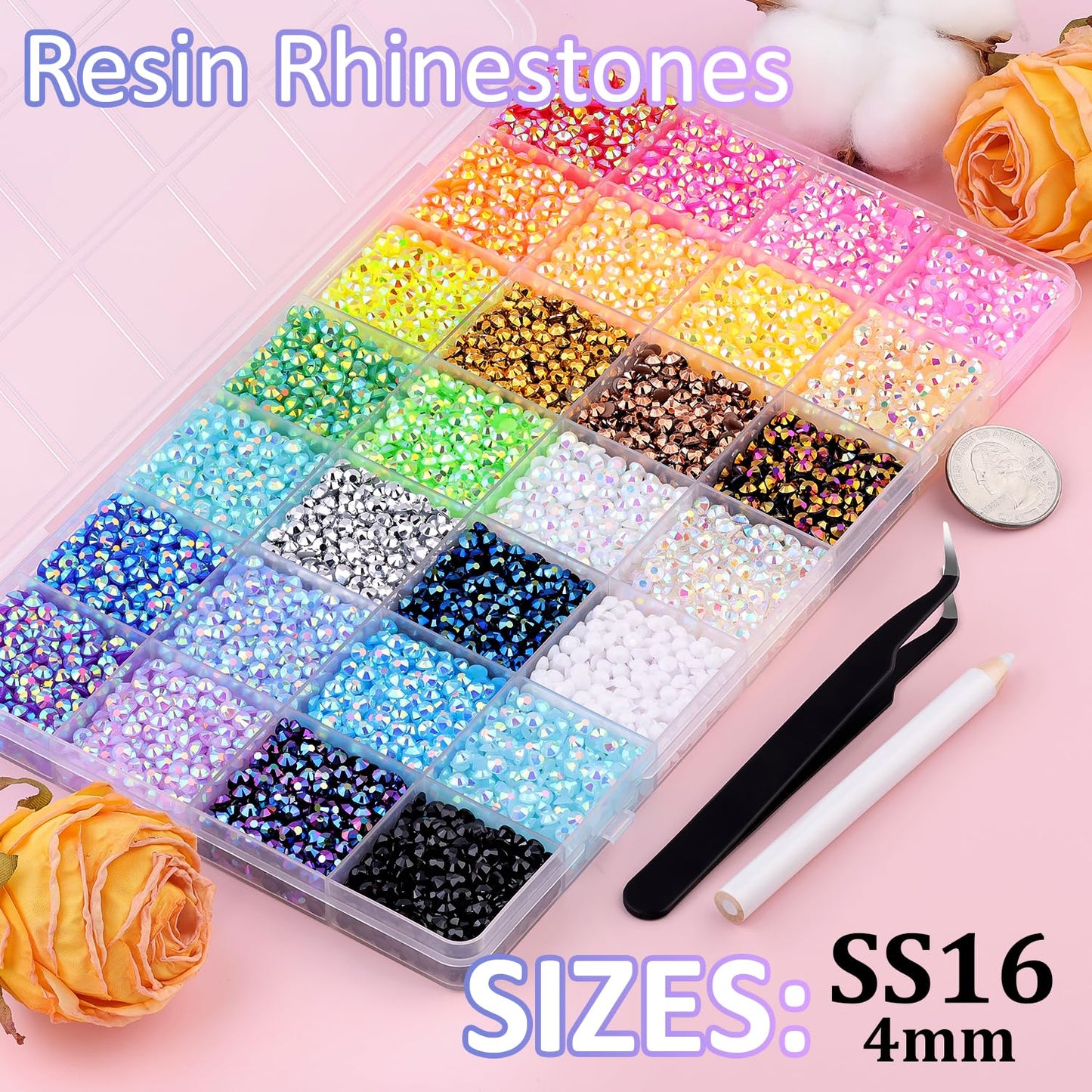 16000Pcs Resin Rhinestones with Tweezers for Crafting, Mixed-Color 4mm Bedazzling Crystal with 1Pcs 10ml B7000 Jewelry Glue for DIY Crafts Clothing Tumblers Shoes Fabric Nail Art