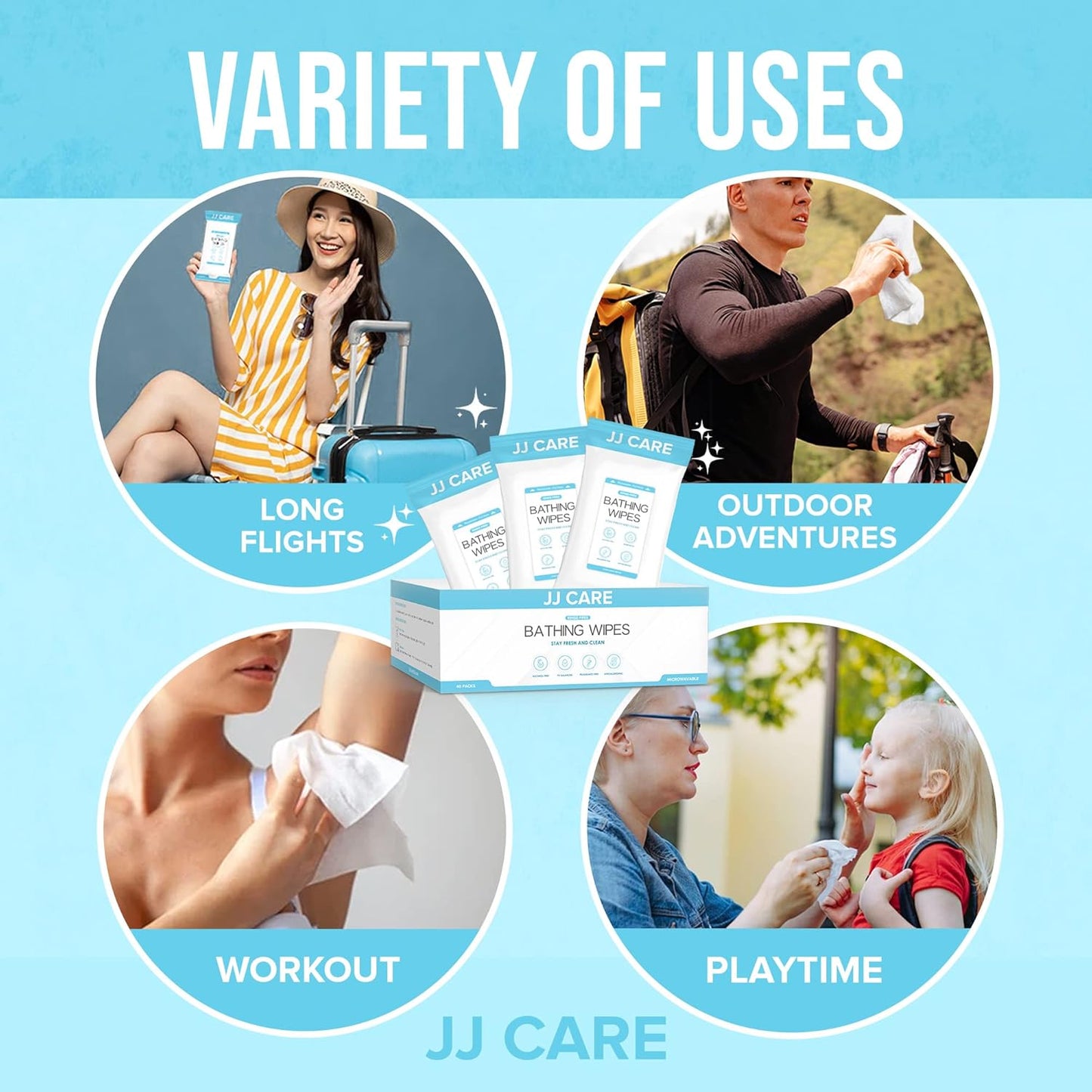 JJ CARE Shower Wipes For Adults No Rinse - Bulk Pack of 40 Body Wipes for Adults Bathing | 320 Count Disposable No Rinse Disposable Washcloths, Waterless Body Wash for Elderly